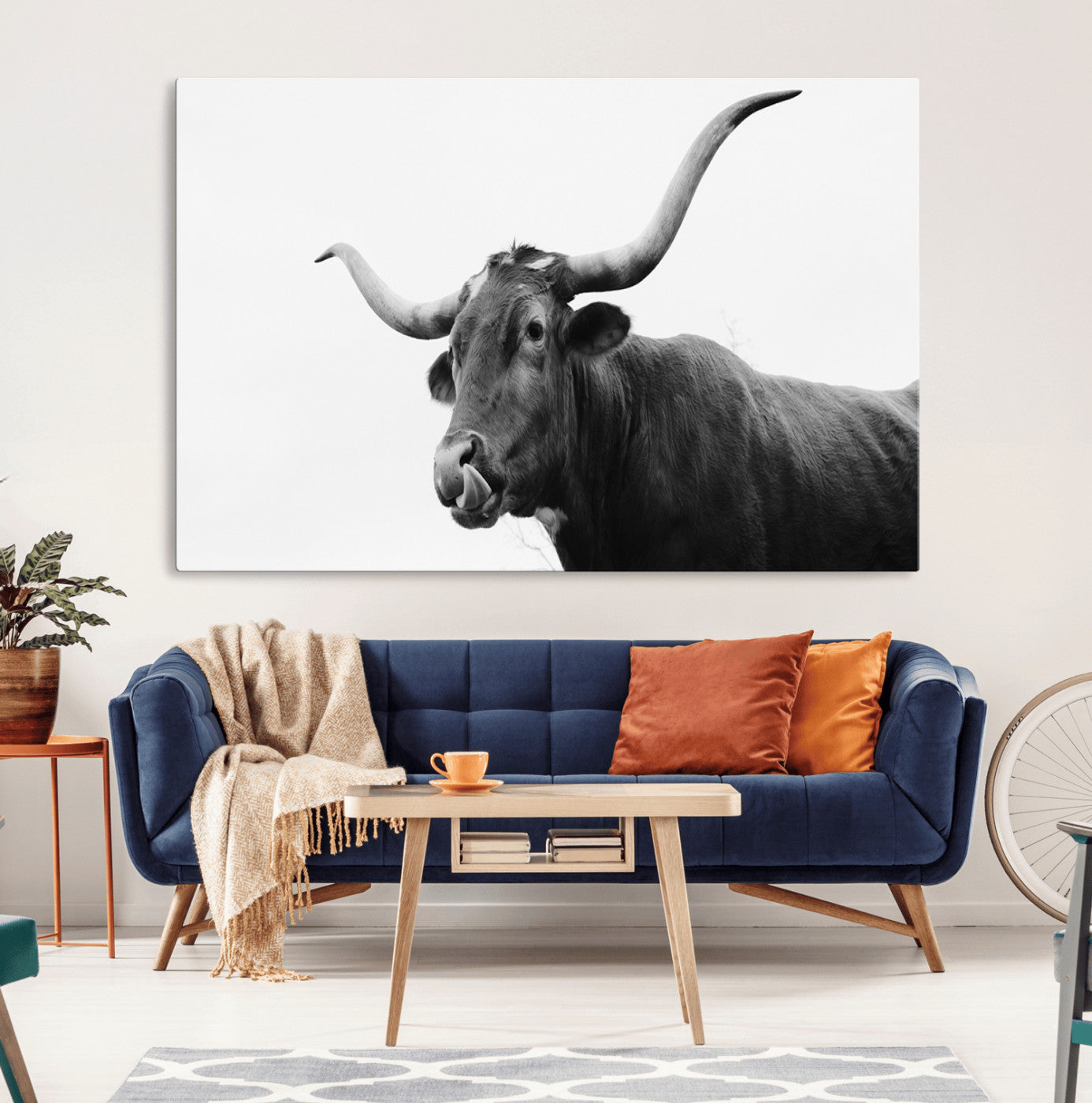 99244177-MGV-CV-36X24-Longhorn Photography Wall Art Canvas Print, Framed Western Cow Decor Art Picture Print, Black White Bull Perfect Modern Rustic