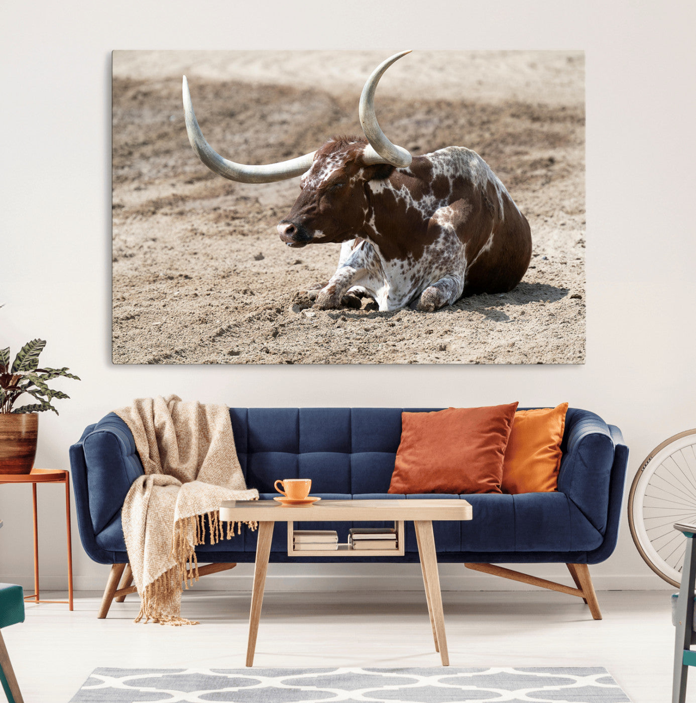 76549210-MGV-CV-36X24-Texas Longhorn Wall Art Canvas Print, Framed Country Living Art Picture Print, Farmhouse Aesthetic Perfect Western Rustic Decor