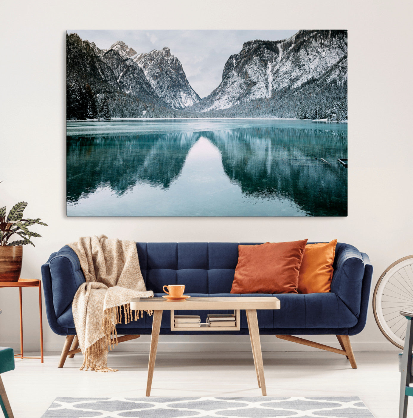 73098373-MGV-CV-36X24-Mountain Lake Wall Art Canvas Print, Framed Winter Wonderland Art Picture Print, Snowy Peaks Perfect Modern Nature Decor Artwork