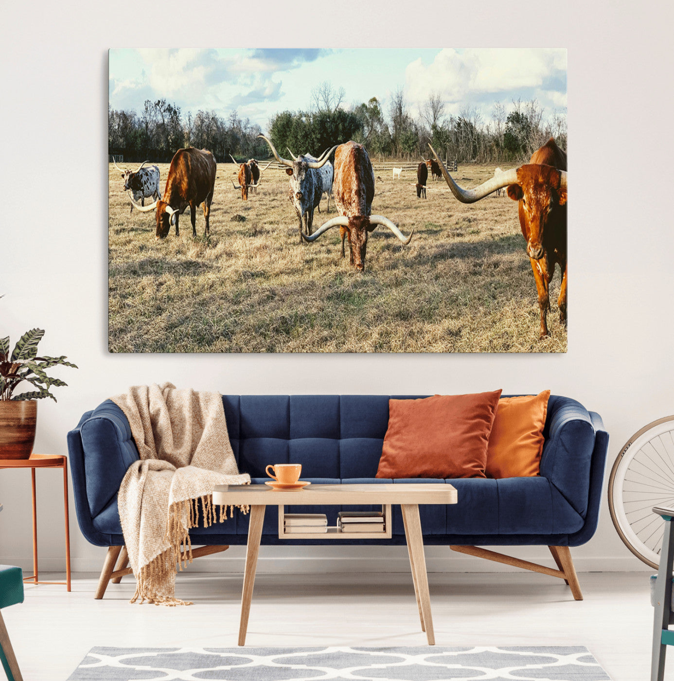 39144651-MGV-CV-36X24-Texas Longhorns Wall Art Canvas Print, Framed Rustic Farm Scene Art Picture Print, Western Cattle Perfect Rustic Farmhouse Decor