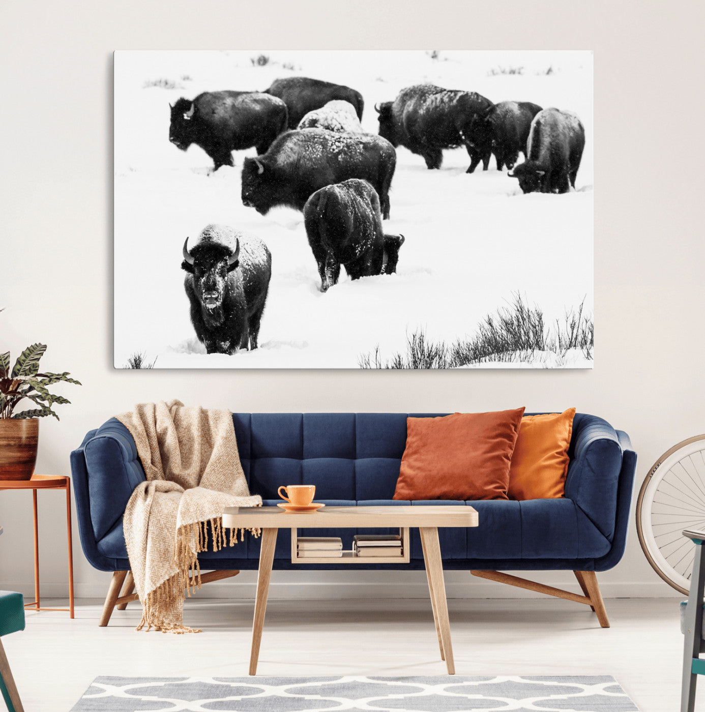 18914414-MGV-CV-36X24-Buffalo Herd Wall Art Canvas Print, Framed Black and White Art Picture Print, Snowy Landscape Perfect Rustic Lodge Decor Decor