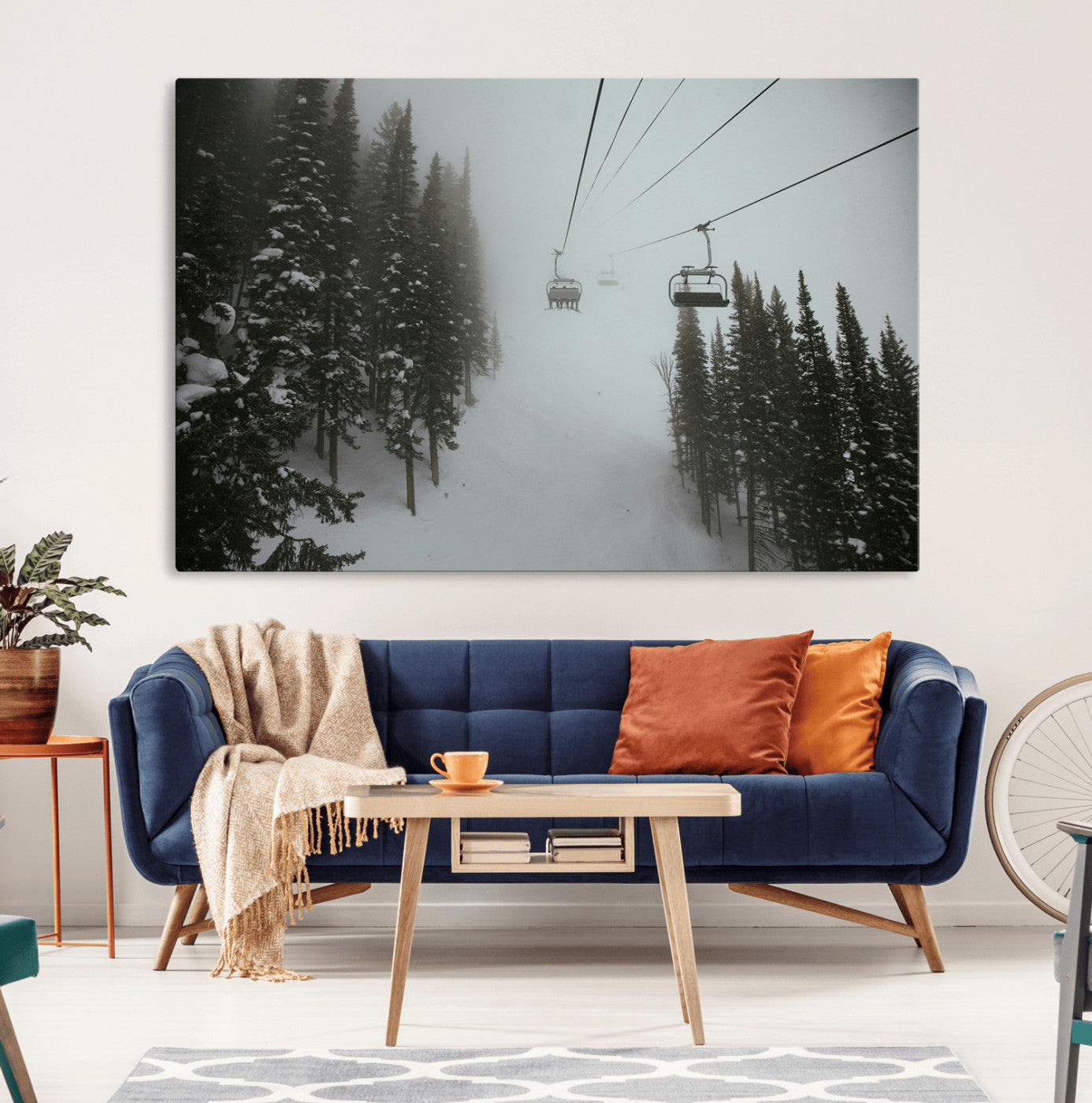 87018452-MGV-CV-36X24-Ski Lift Wall Art Canvas Print, Framed Snowy Pines Art Picture Print, Misty Landscape Perfect Winter Serenity Decor Artwork