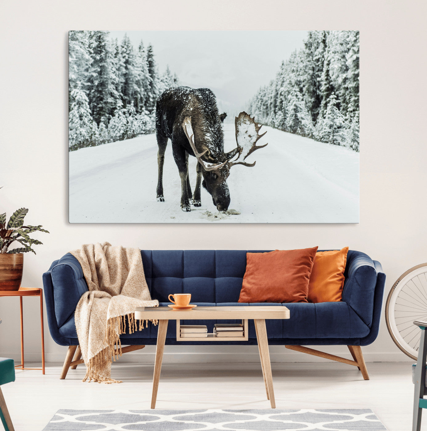 13316292-MGV-CV-36X24-Moose in Snow Wall Art Canvas Print, Framed Winter Wildlife Art Picture Print, Snowy Forest Scene Perfect Rustic Lodge Decor