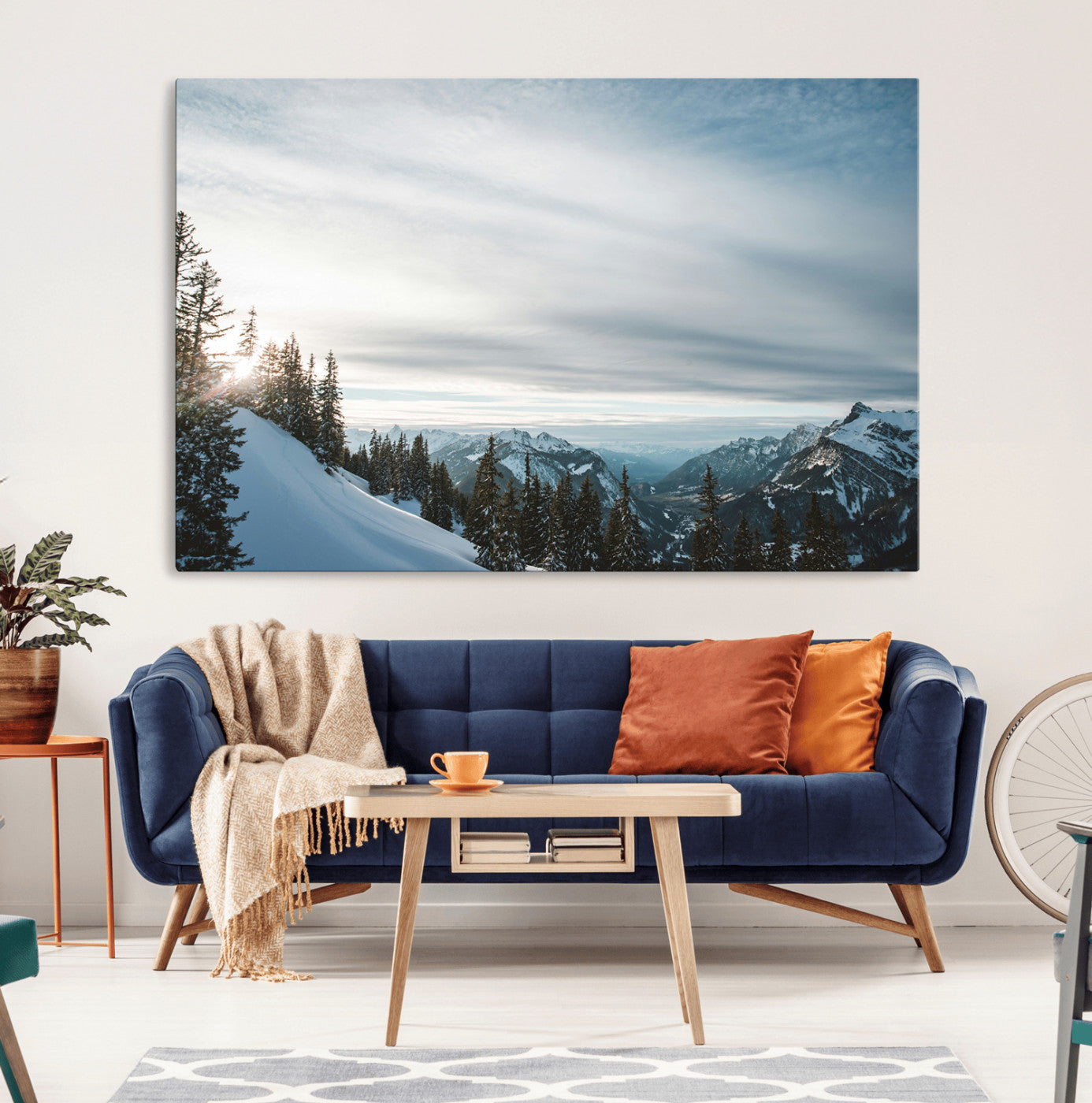55564749-MGV-CV-36X24-Snowy Mountains Wall Art Canvas Print, Framed Alpine Landscape Art Picture Print, Frosty Peaks Perfect Nordic Minimalist Decor