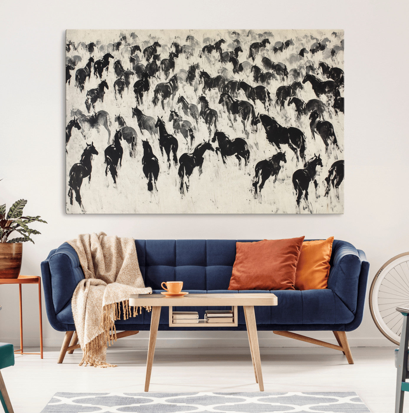 29265745-MGV-CV-36X24-Wild Horse Herd Wall Art – Black and White Galloping Horses Canvas Print, Rustic Western Farmhouse Décor for Living Room, Bedroom,