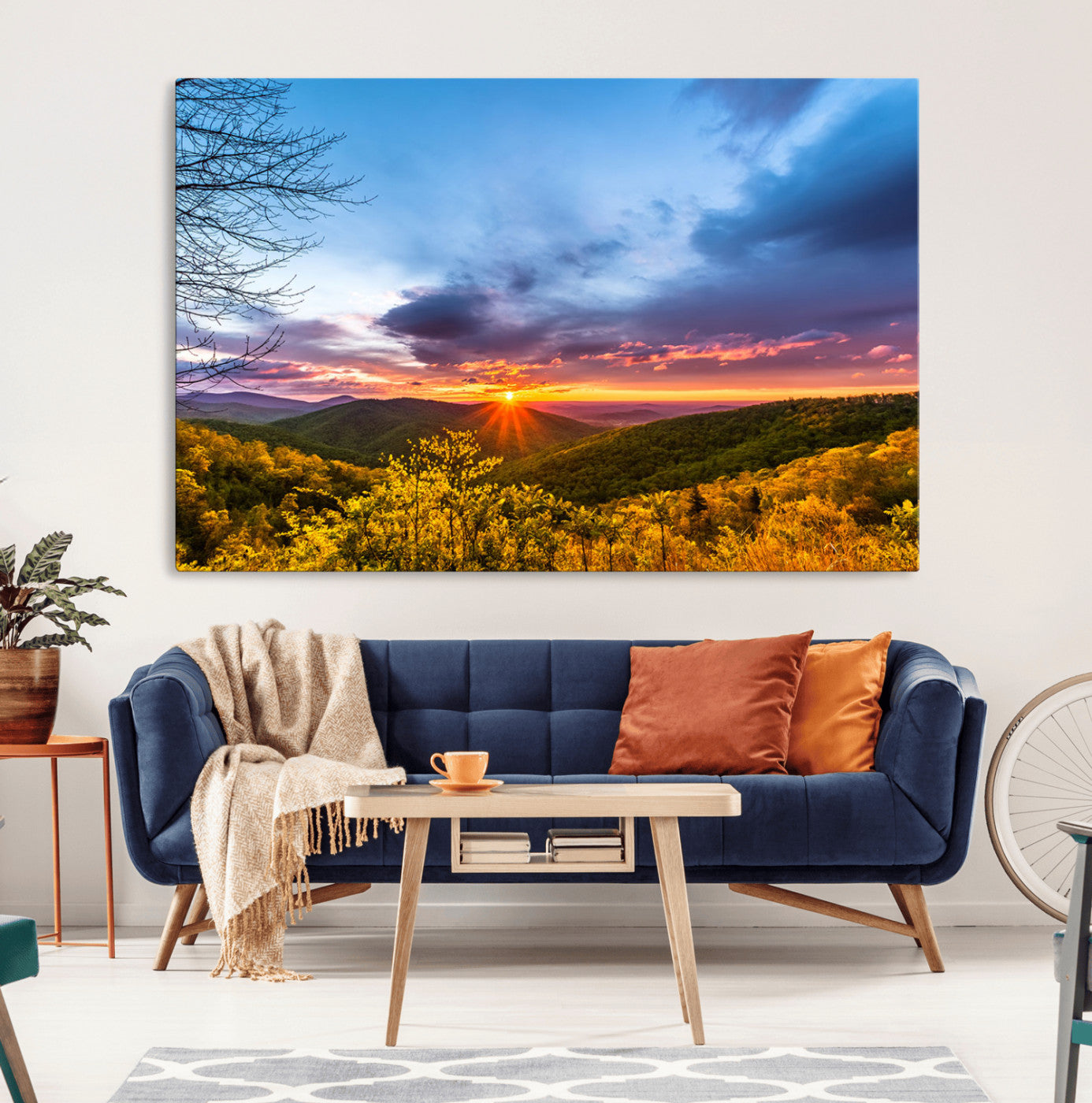 25786346-MGV-CV-36X24-Sunset Over Mountains Wall Art – Nature Landscape Canvas Print, Golden Hour Forest Photography, Scenic Sunrise Artwork for Living