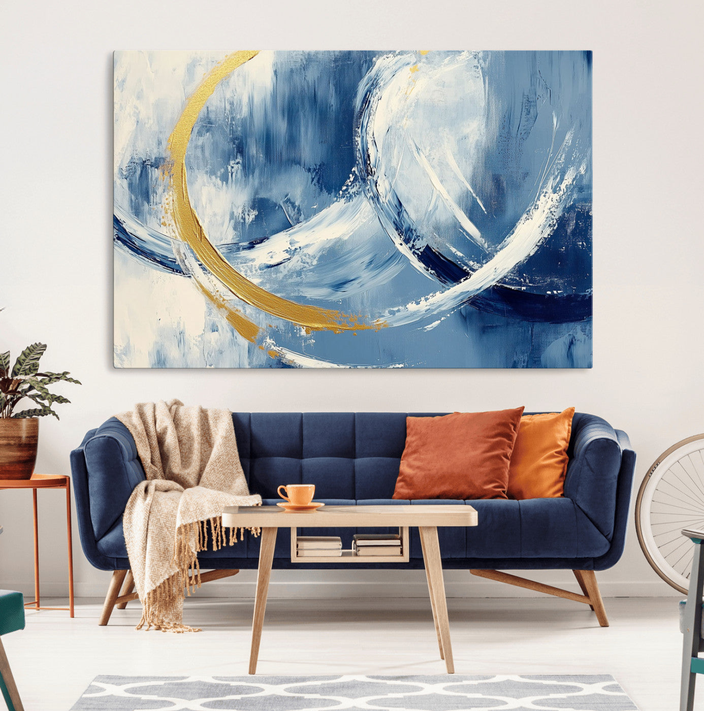 42475677-MGV-CV-36X24-Blue and Gold Abstract Wall Art – Modern Luxury Canvas Print, Navy White Brushstroke Painting, Contemporary Home Office Living