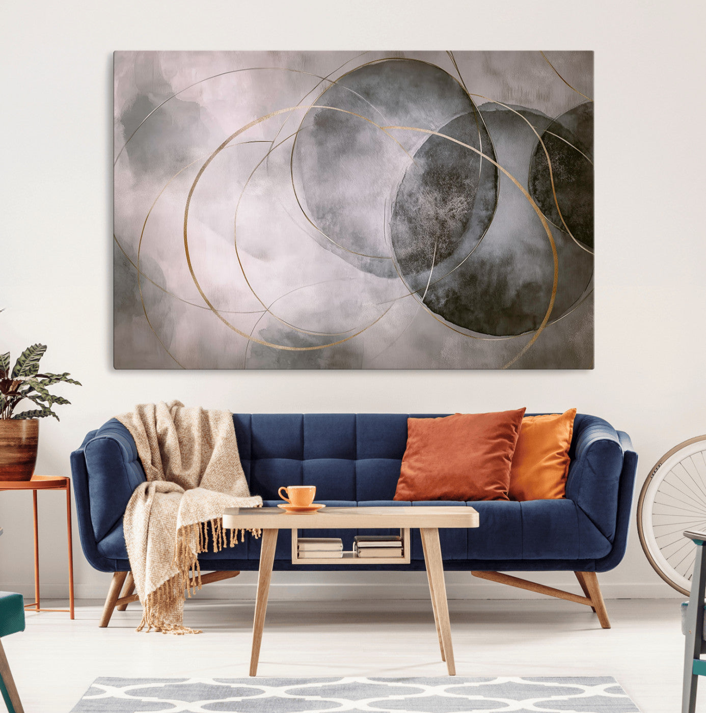 20066876-MGV-CV-36X24-Neutral Abstract Circle Wall Art – Modern Gray Beige Gold Canvas Print, Minimalist Geometric Painting for Bedroom, Living Room,