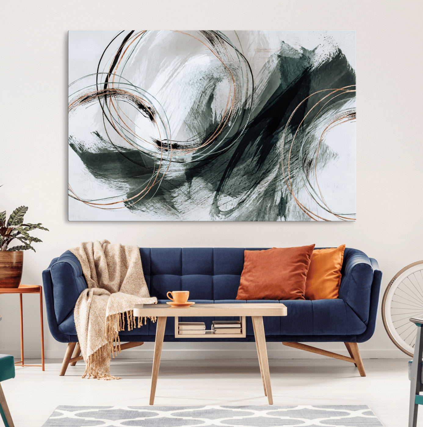 86583265-SEG-FC-90X60_Oversize_Oversize-Black and Gray Abstract Wall Art – Modern Copper Circle Canvas Print, Contemporary Minimalist Painting for Living Room, Bedroom,