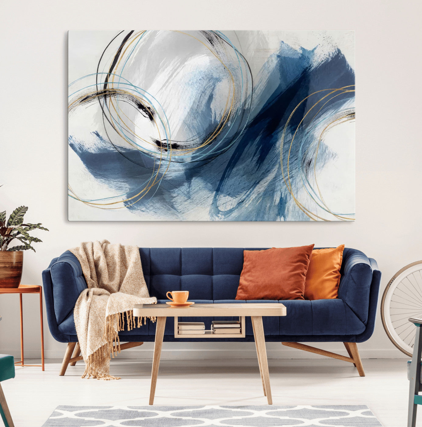49589477-MGV-CV-36X24-Blue Abstract Wall Art – Modern Circle Canvas Print with Gold and Black Accents, Contemporary Fluid Brushstroke Painting for