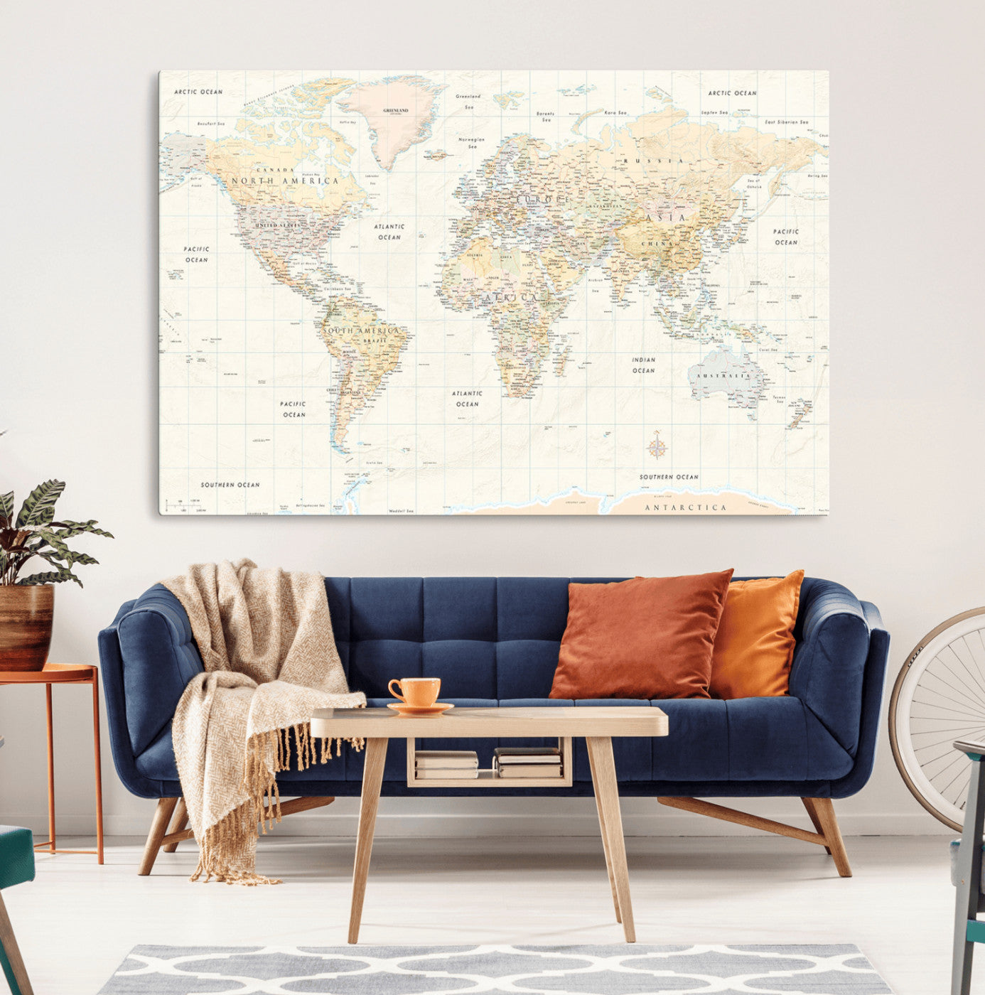 40660043-MGV-CV-36X24-World Map Wall Art – Large Detailed Atlas Style Map Print with Countries, Cities, and Oceans, Neutral Beige and Tan Educational