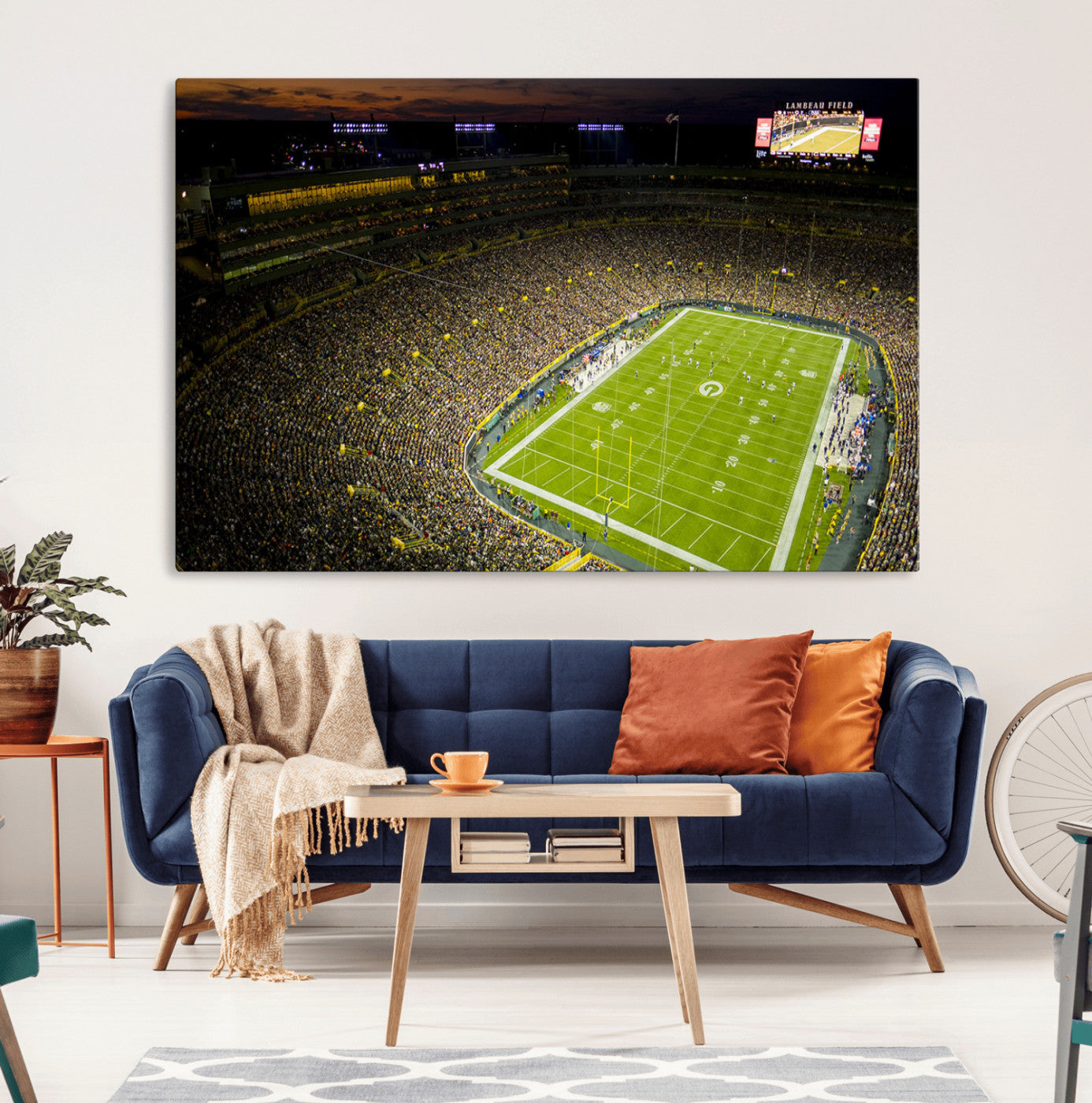23655234-MGV-CV-36X24-Lambeau Field Stadium Wall Art – American Football Night Game Canvas Print with Packed Crowd and Lights – Sports Decor for Man
