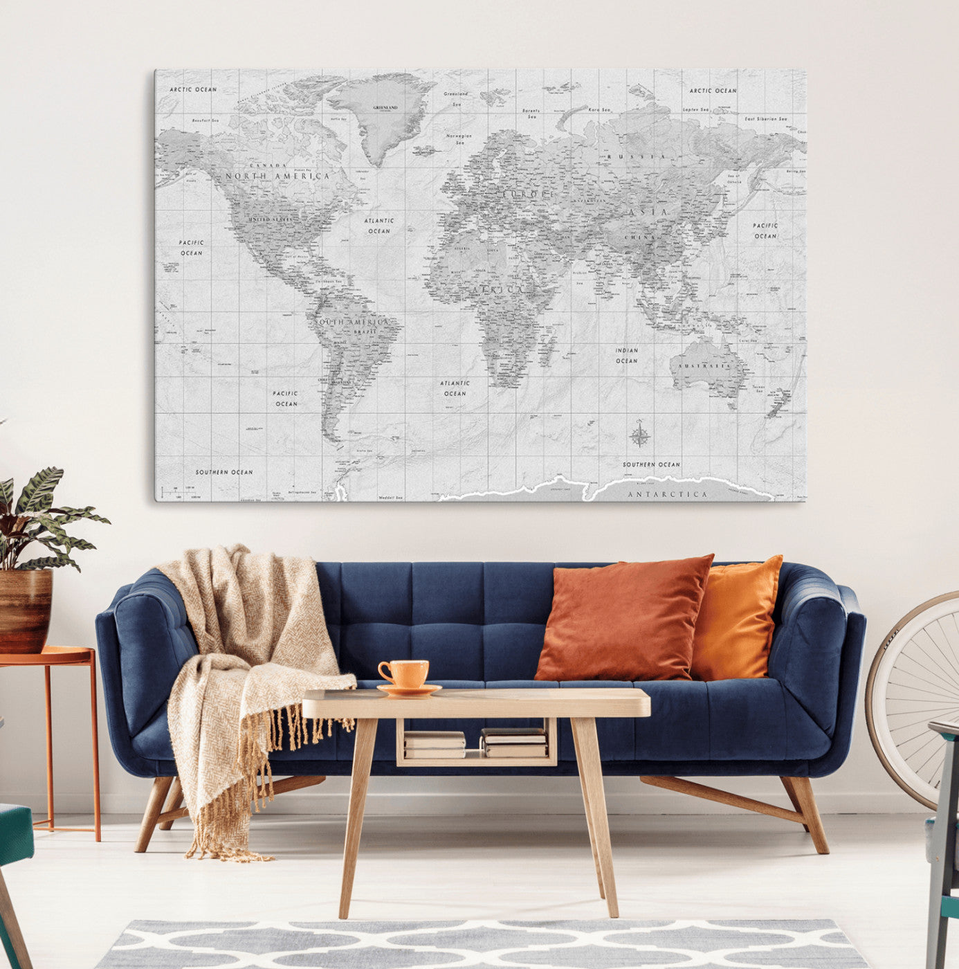 10516725-MGV-CV-36X24-Black and White World Map Wall Art – Minimalist Grayscale Canvas Print – Modern Detailed Travel Map Poster for Home, Office, or