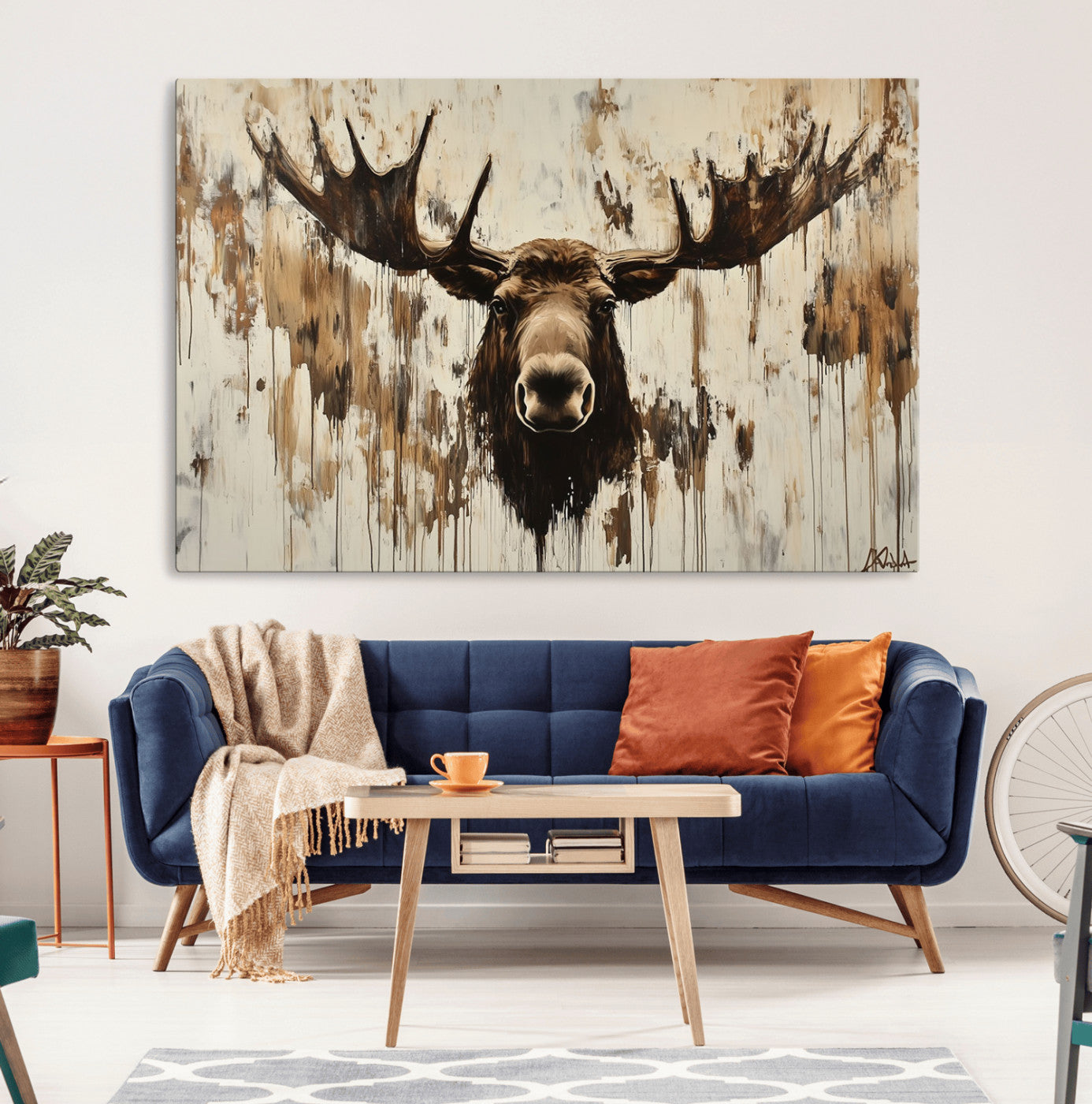 34496536-MGV-CV-36X24-Rustic Moose Wall Art – Modern Abstract Animal Canvas Print – Majestic Moose Head Painting with Neutral Earth Tones for Cabin,