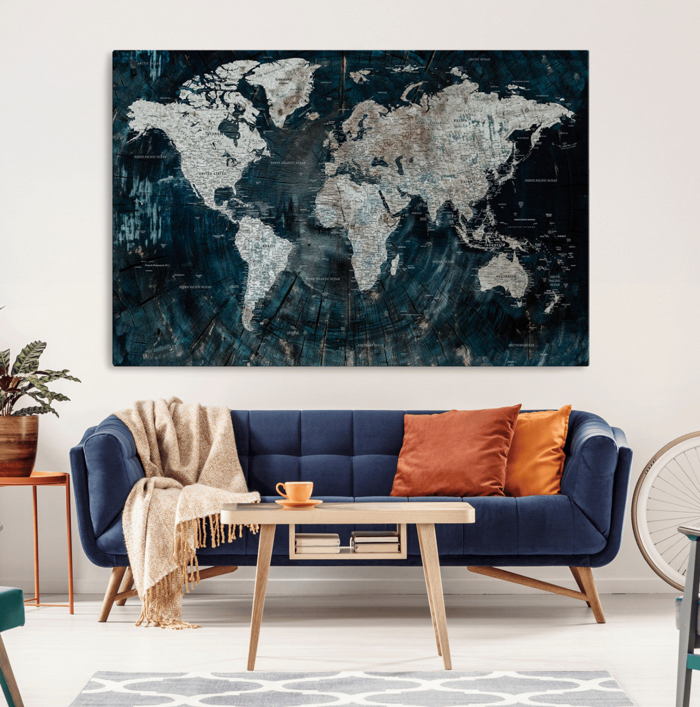34425609-MGV-CV-36X24-World Map Wall Art – Rustic Navy and Grey Atlas Canvas Print, Distressed Explorer Map Artwork, Industrial Style Decor for Office,