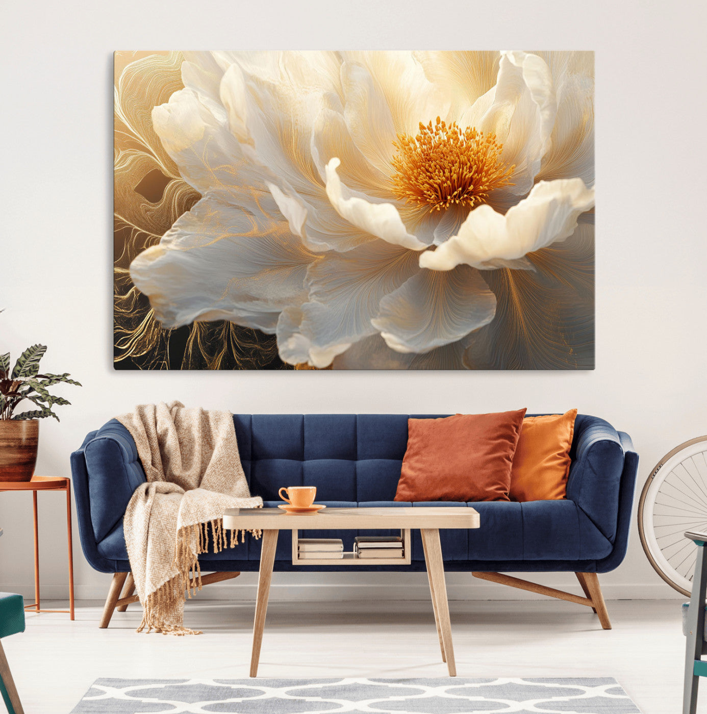 29539087-MGV-CV-36X24-Floral Wall Art – Elegant White and Gold Bloom Canvas Print, Romantic Modern Flower Artwork for Bedroom, Living Room, or Office