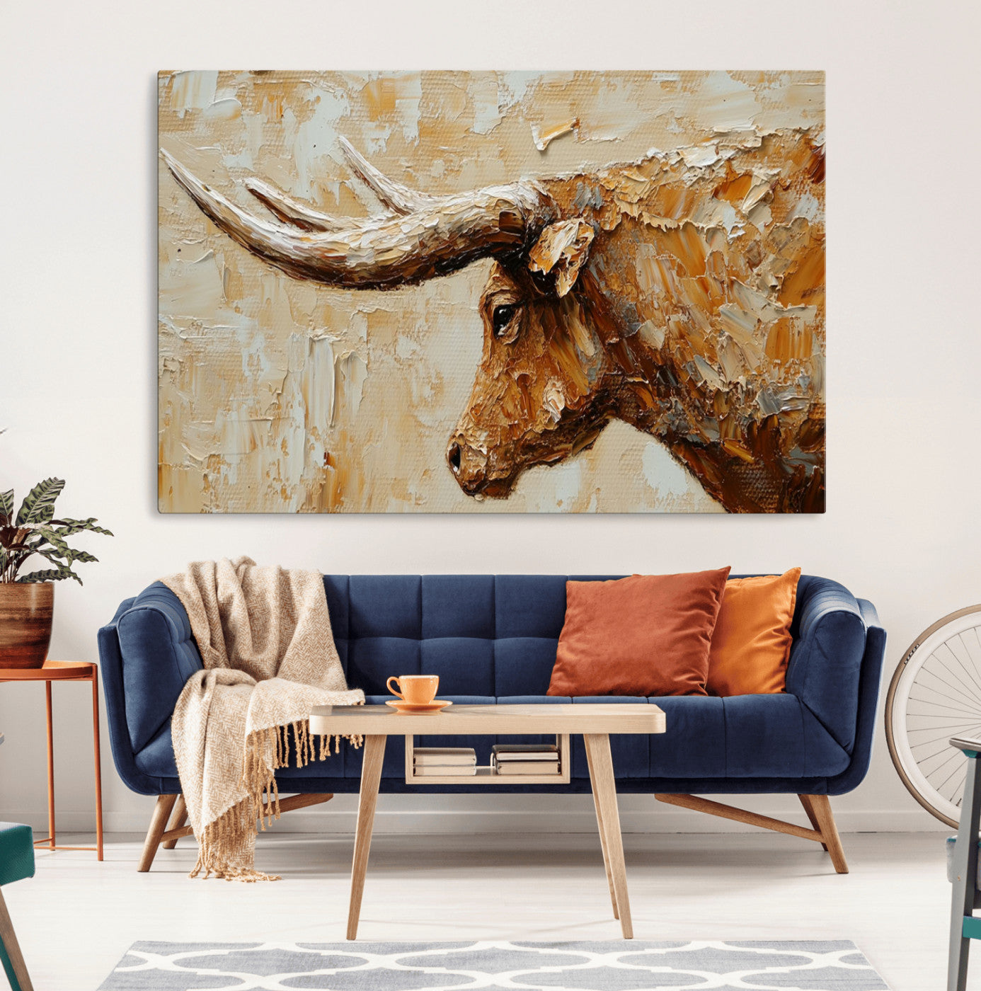 69611428-MGV-CV-36X24-Longhorn Bull Wall Art – Rustic Western Canvas Print, Textured Farmhouse Cattle Painting for Living Room, Office, or Ranch House