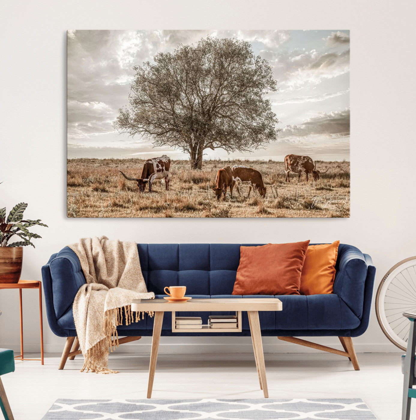 87590224-MGV-CV-36X24-Longhorn Cattle Wall Art – Rustic Western Landscape Canvas Print, Texas Farmhouse Prairie Scene for Living Room, Office, or Ranch