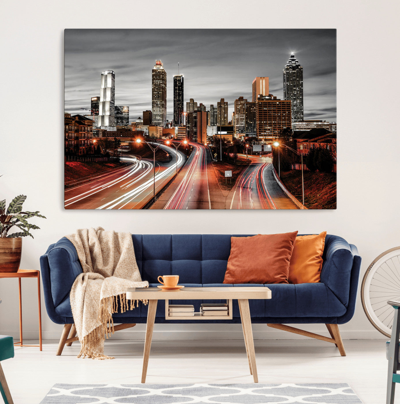 59097239-MGV-CV-36X24-City Skyline Wall Art – Modern Black and White Night Canvas Print with Red Light Trails, Urban Landscape Decor for Living Room or