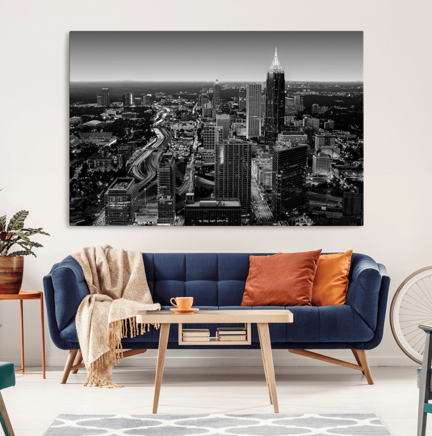 46578567-MGV-CV-36X24-Atlanta Skyline Wall Art – Black and White Cityscape Canvas Print, Modern Urban Night Decor for Office, Living Room, or Apartment