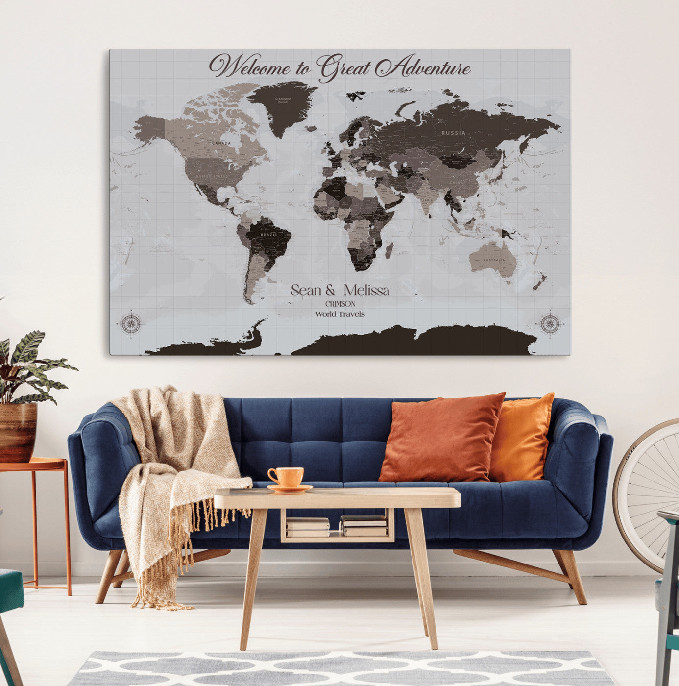43749658-MGV-CV-36X24-Welcome to Great Adventure World Map Wall Art – Charcoal Gray Canvas Print, Rustic Travel Decor for Living Room, Study, Office or
