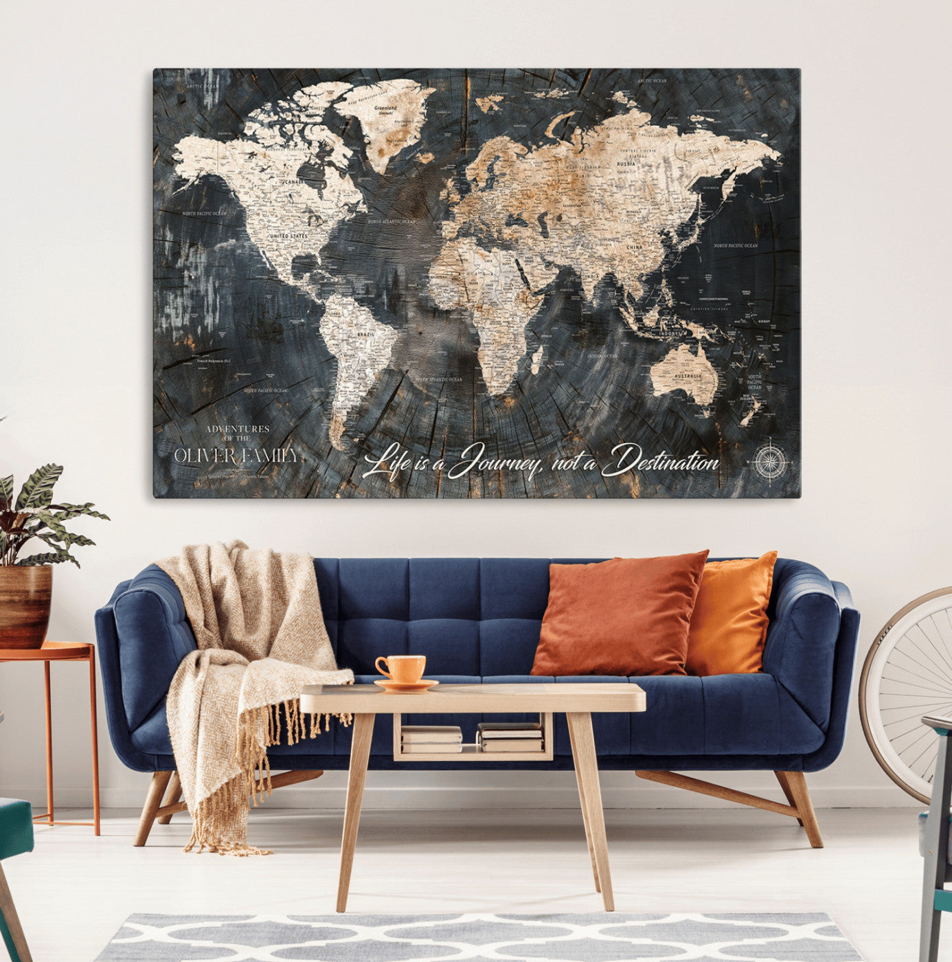 37848568-MGV-CV-36X24-Life is a Journey Not a Destination World Map Rustic Wood Texture Vintage Beige Navy Adventure Wall Art Canvas Print for Home