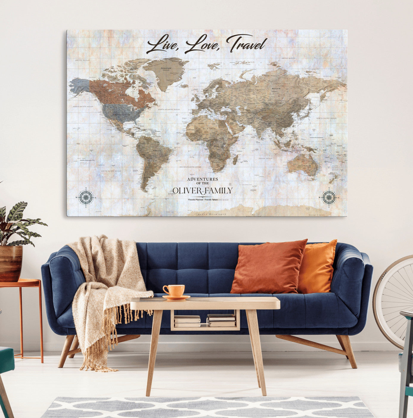 43924907-MGV-CV-36X24-Live Love Travel Wall Art – Neutral World Map Canvas Print, Rustic Adventure Decor for Home, Office or Living Room, Unique Gift