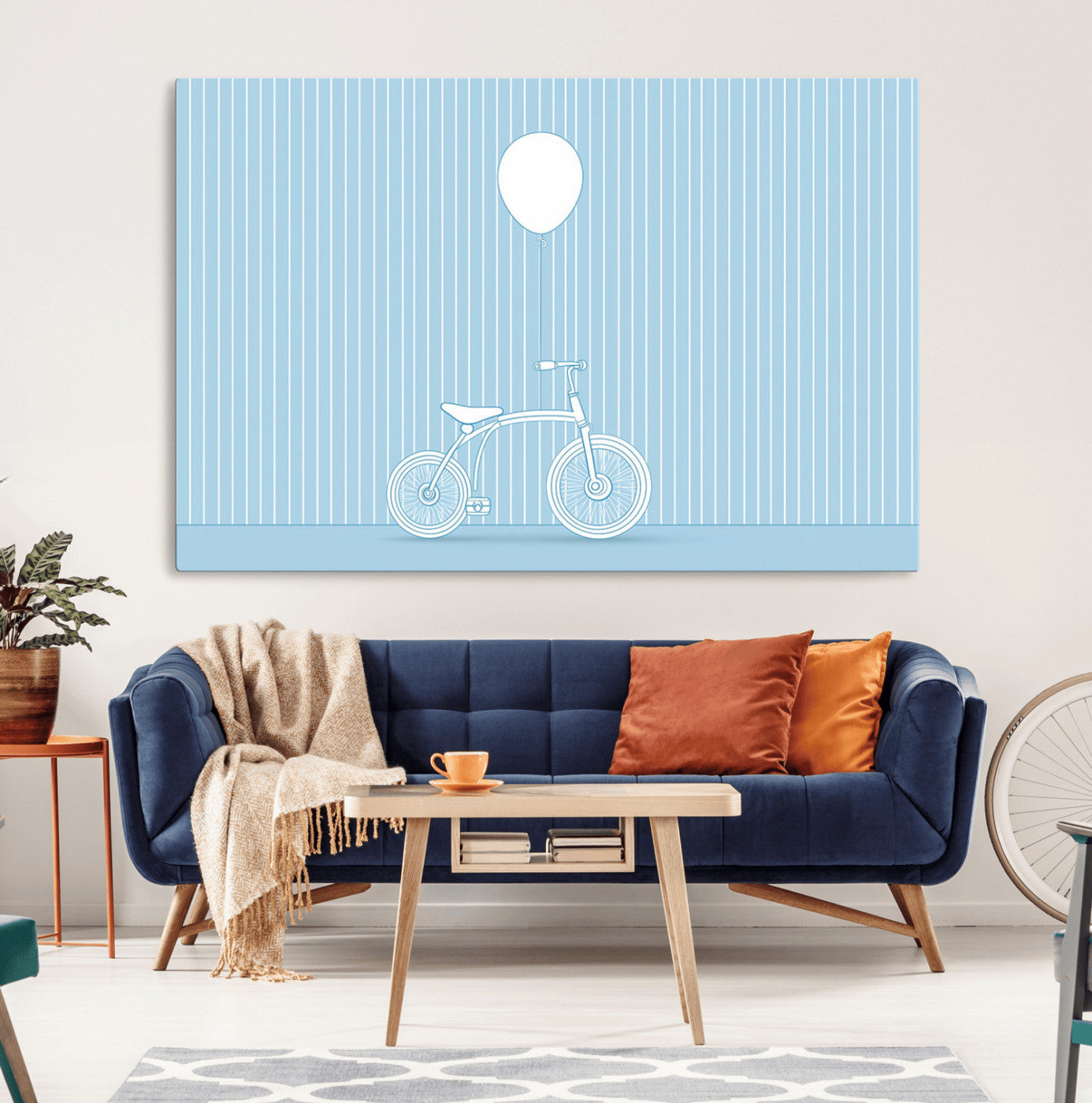 56479838-MGV-CV-36X24-Bicycle Wall Art – Minimalist Blue Canvas Print with Balloon Illustration, Modern Decor Artwork for Kids Room, Nursery, or Living