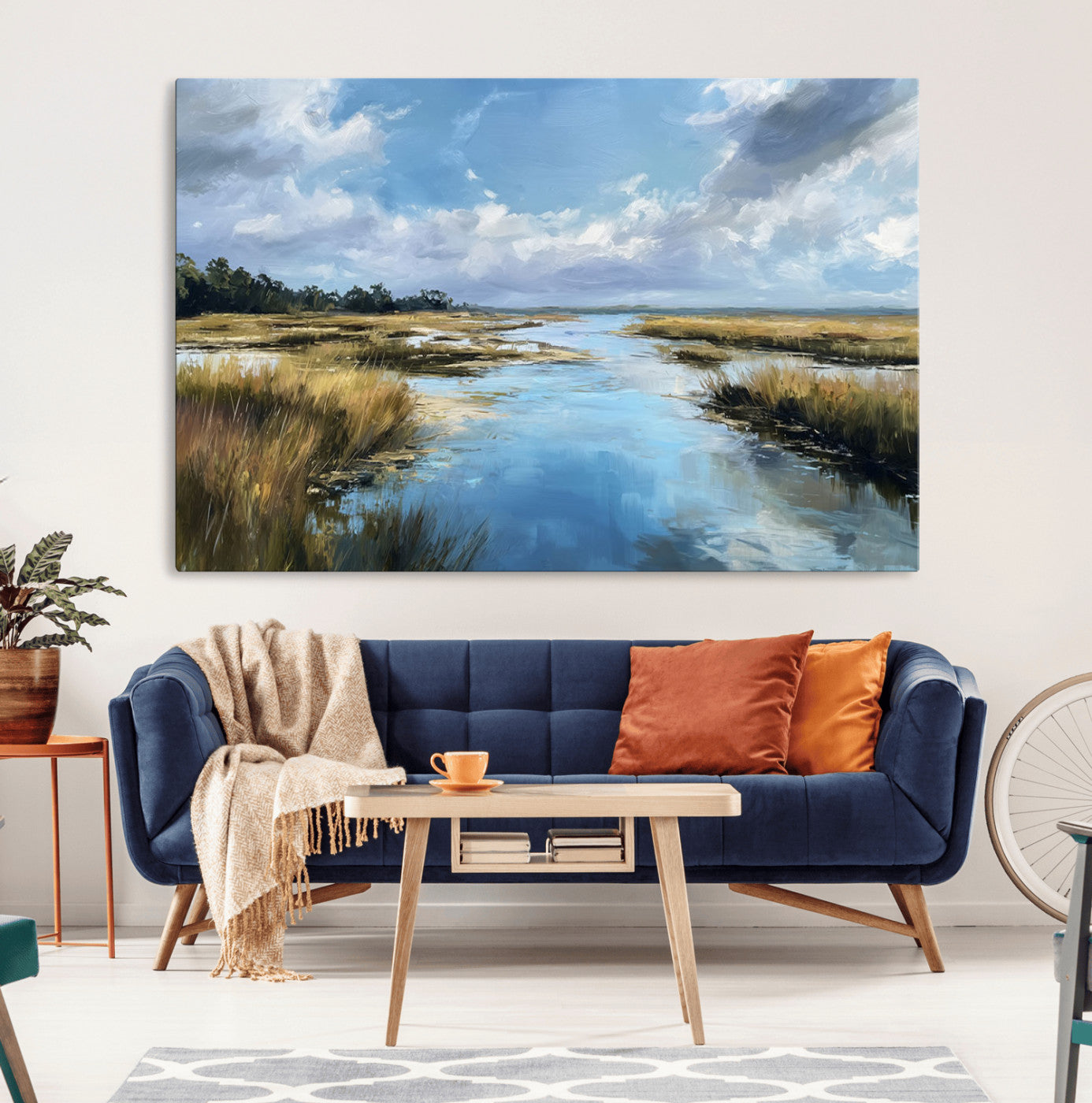 87082041-MGV-CV-36X24-Marshland Landscape Wall Art – Serene Nature Canvas Print with Blue Sky and Reflections, Tranquil Scenic Painting for Living Room,