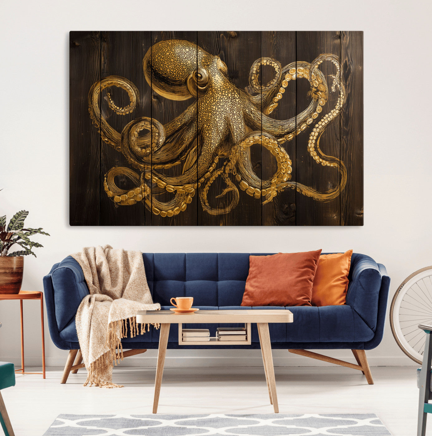 56769669-MGV-CV-36X24-Octopus Wall Art – Gold Nautical Canvas Print with Rustic Wood Panel Design, Detailed Marine Artwork for Coastal Ocean Decoration