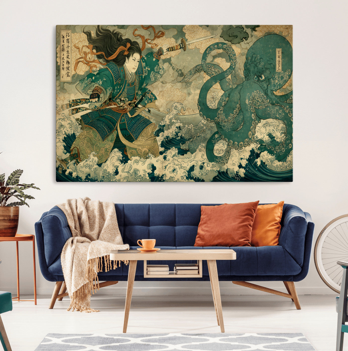 24416422-MGV-CV-36X24-Samurai vs Octopus Wall Art – Japanese Warrior Ocean Battle Canvas Print, Ukiyo e Inspired Decor for Home, Office, or Man Cave