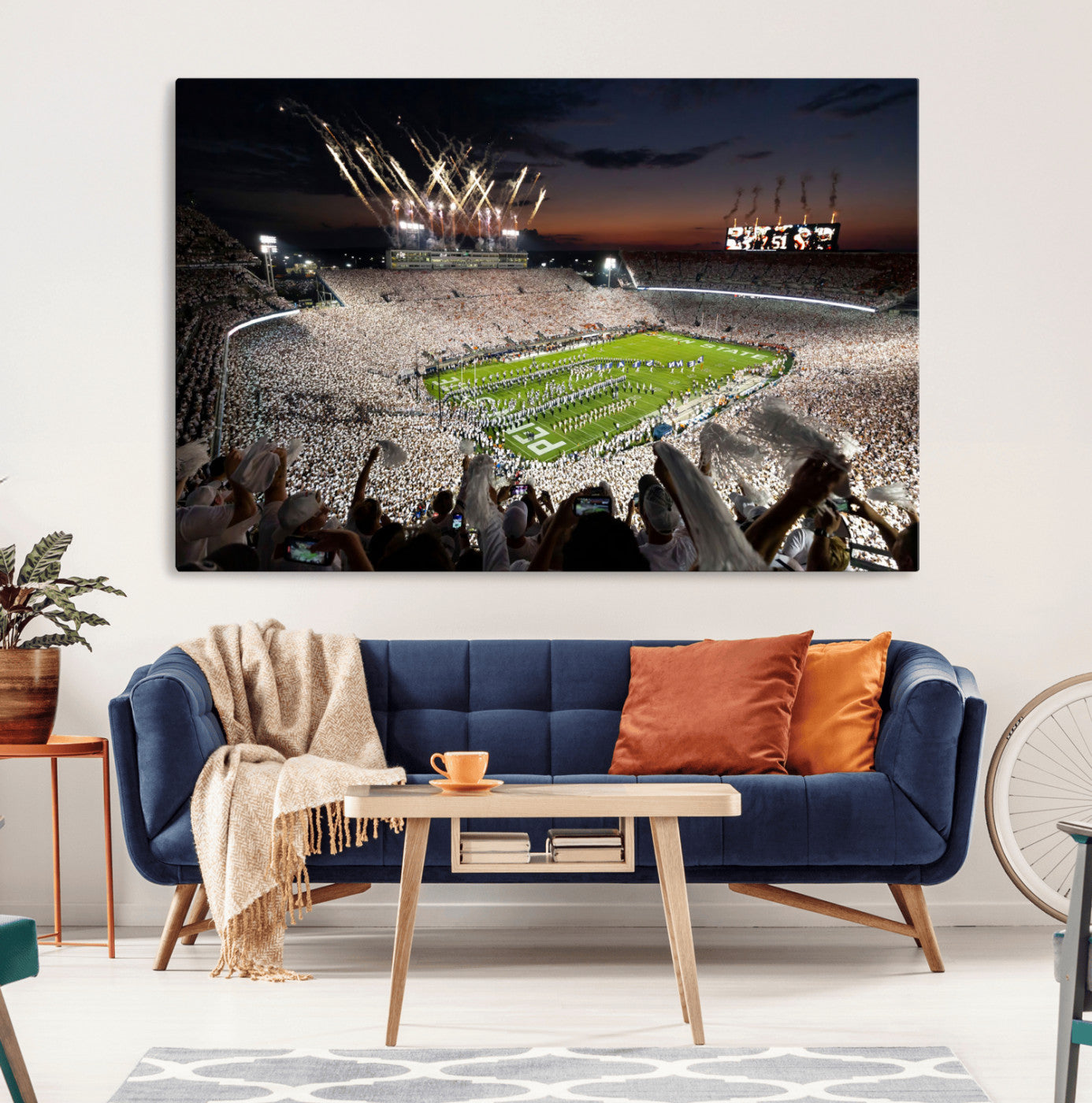 Penn-MGV-CV-36X24-Football Stadium Wall Art – Panoramic Night Game Canvas Print, Packed Crowd with Fireworks, Sports Decor for Office, Man Cave, Bar