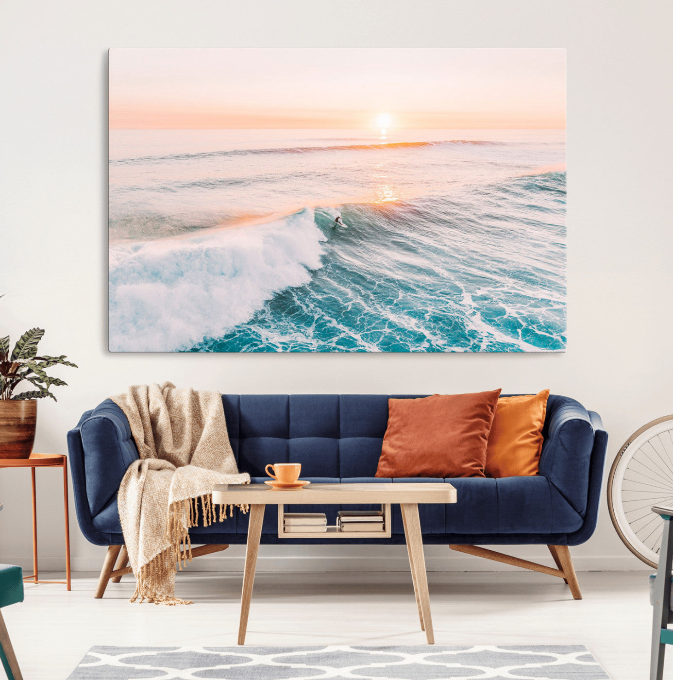 34064591-MGV-CV-36X24-Surfing Wall Art – Sunset Ocean Wave Canvas Print, Surfer Riding Sea Photography Decor for Bedroom, Living Room, Office, Coastal