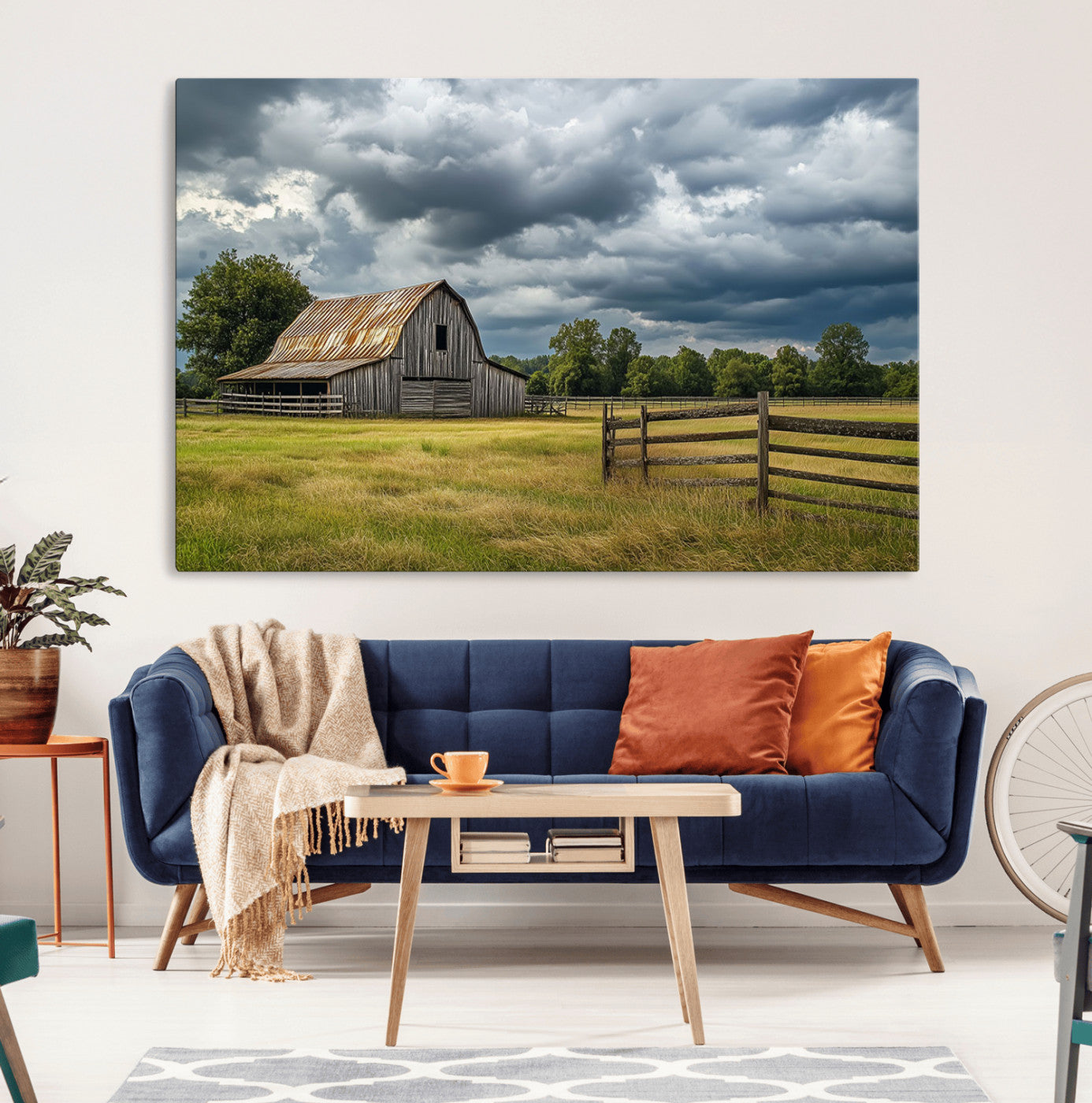 39409517-MGV-CV-36X24-Rustic Barn Wall Art – Weathered Farmhouse and Storm Clouds Canvas Print, Country Landscape Photography Decor for Bedroom, Living