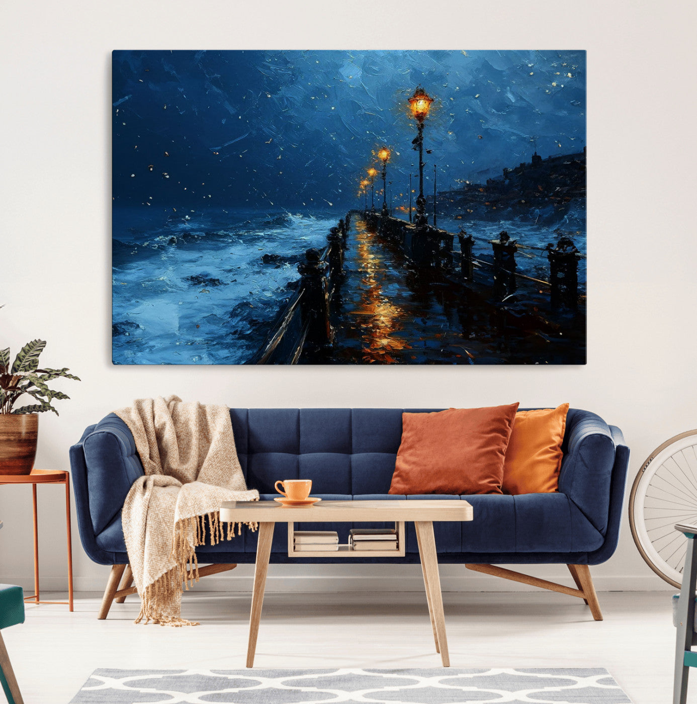 48300530-MGV-CV-36X24-Night Pier Wall Art – Moody Ocean Boardwalk Canvas Print, Impressionist Coastal Seascape Painting Decor for Living Room, Office,