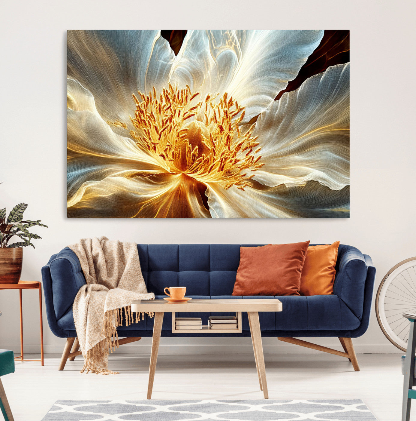 20862576-MGV-CV-36X24-Golden Abstract Flower Canvas Wall Art – Modern Botanical Bloom Print, Elegant Floral Artwork for Living Room, Bedroom, Office