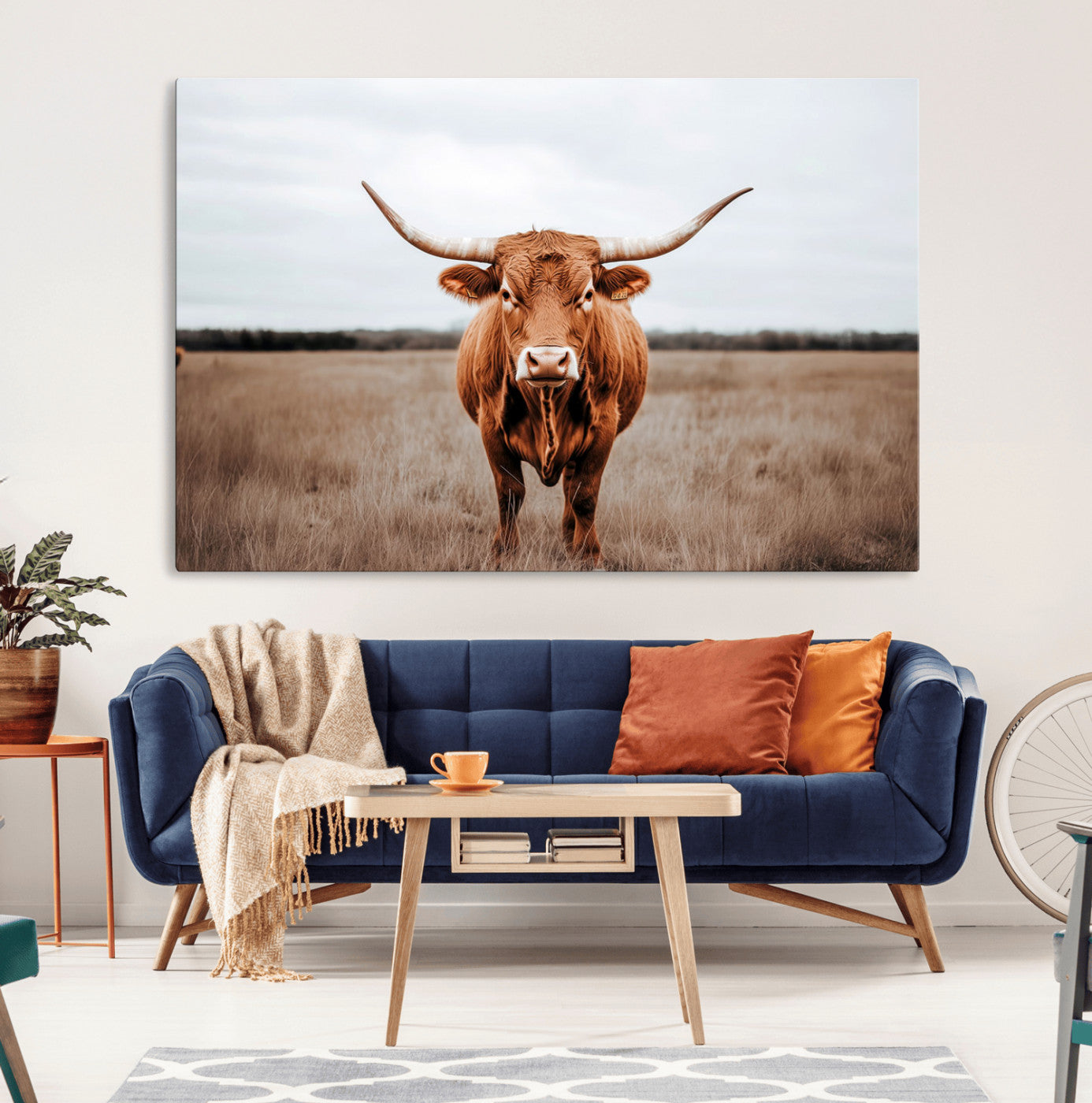 16316734-MGV-CV-36X24-Texas Longhorn Wall Art – Rustic Bull Portrait Canvas Print, Western Farmhouse Animal Photography Decor for Living Room, Office,
