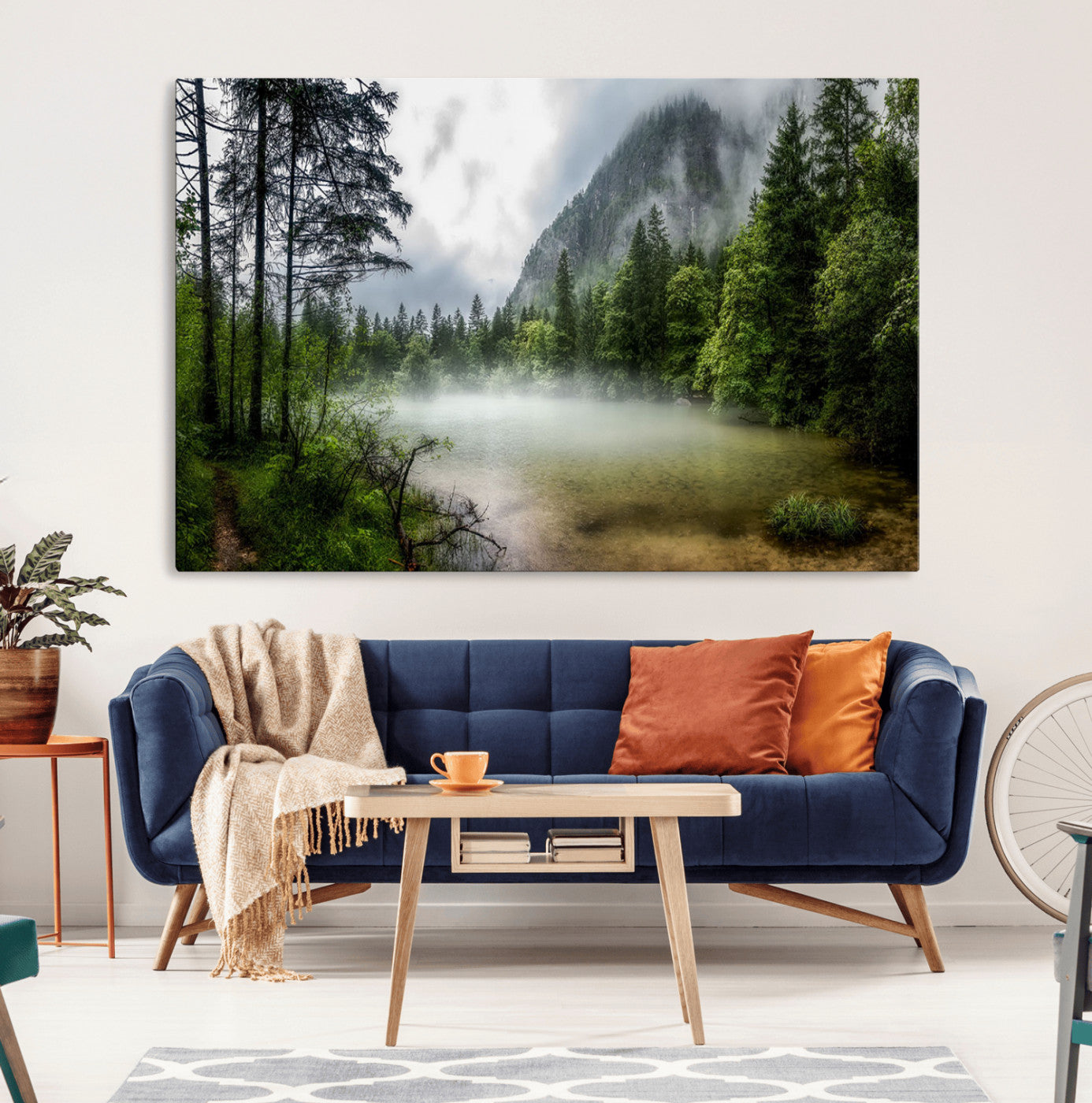 93123937-MGV-CV-36X24-Landscape Wall Art – Misty Mountain Lake Canvas Print, Tranquil Forest and Waterfall Photography Decor for Bedroom, Living Room,