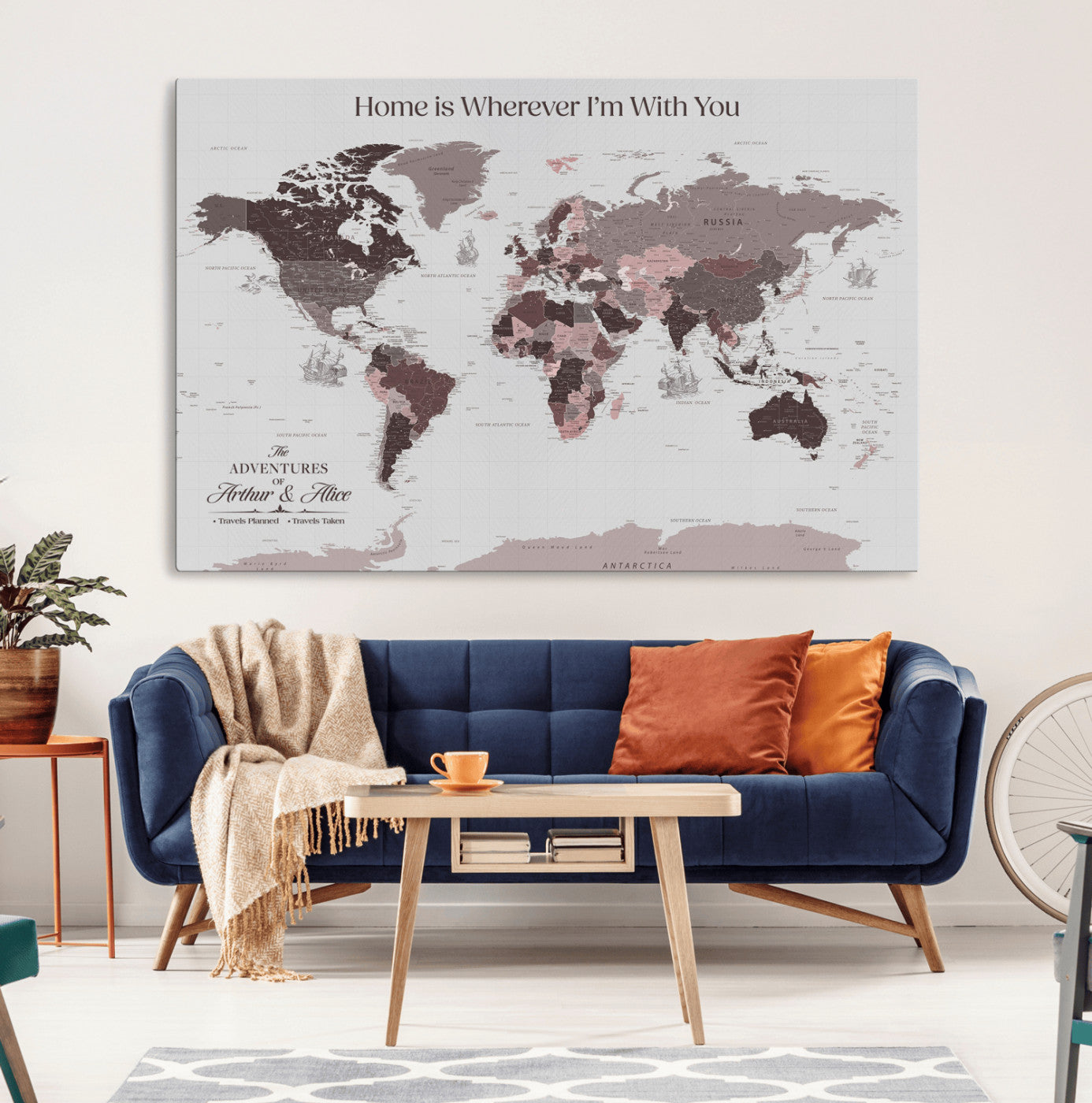 33204797-MGV-CV-36X24-Personalized World Map Wall Art – Burgundy & Grey Adventure Travel Map with Custom Names, Romantic Wall Decor for Couples, Home or