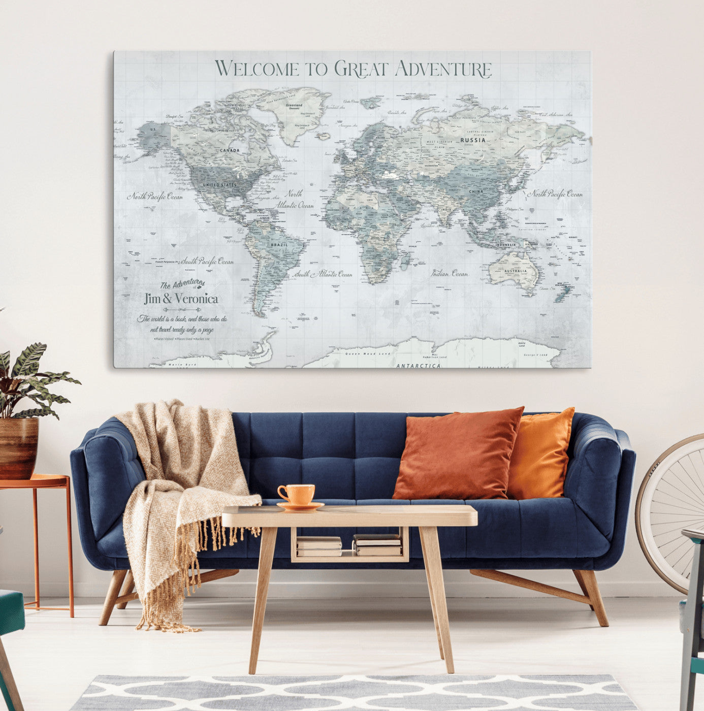 70605050-MGV-CV-36X24-Personalized World Map Wall Art – Cool Gray Adventure Travel Map with Custom Names, Elegant Push Pin Canvas for Couples, Family