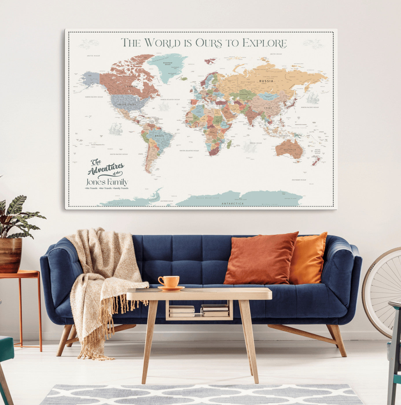 69180591-MGV-CV-36X24-Personalized World Map Wall Art – Rustic Vintage Adventure Travel Map with Custom Family Names, Unique Wall Decor for Couples,