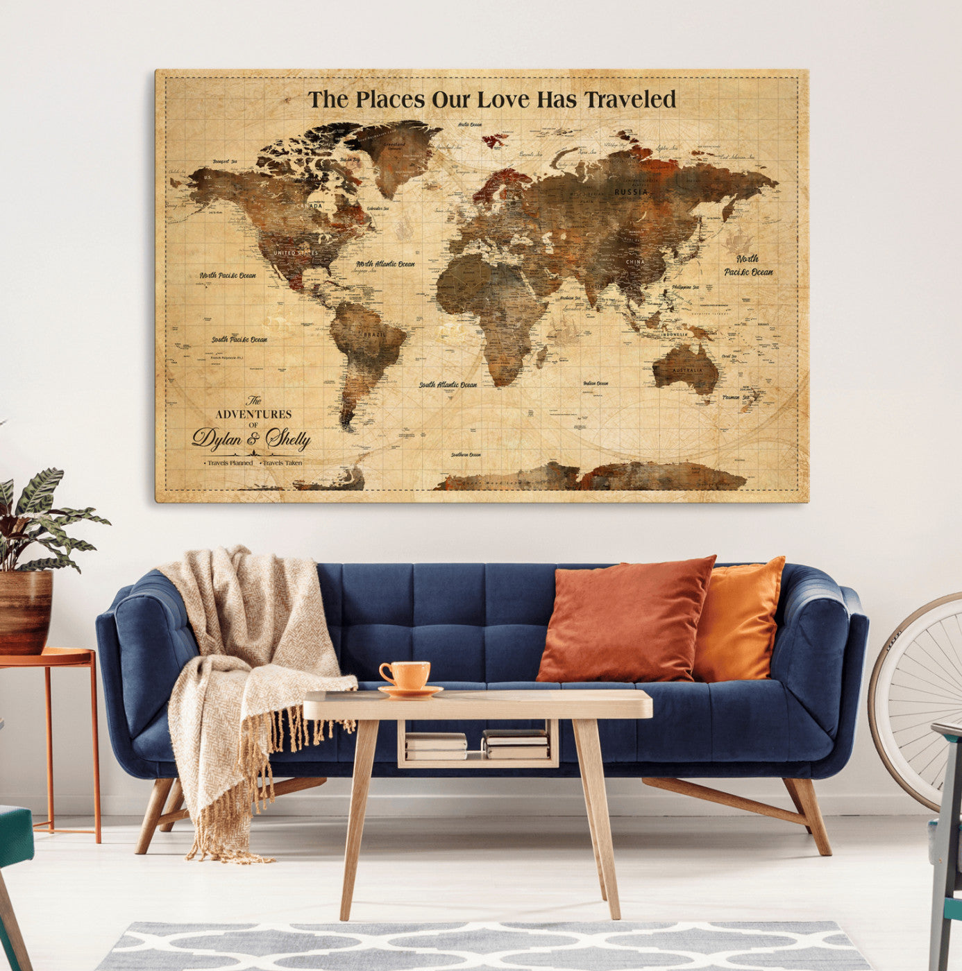 50680593-MGV-CV-36X24-Personalized World Map Wall Art – Rustic Brown Adventure Travel Map with Custom Names, Elegant Push Pin Canvas for Couples Home,