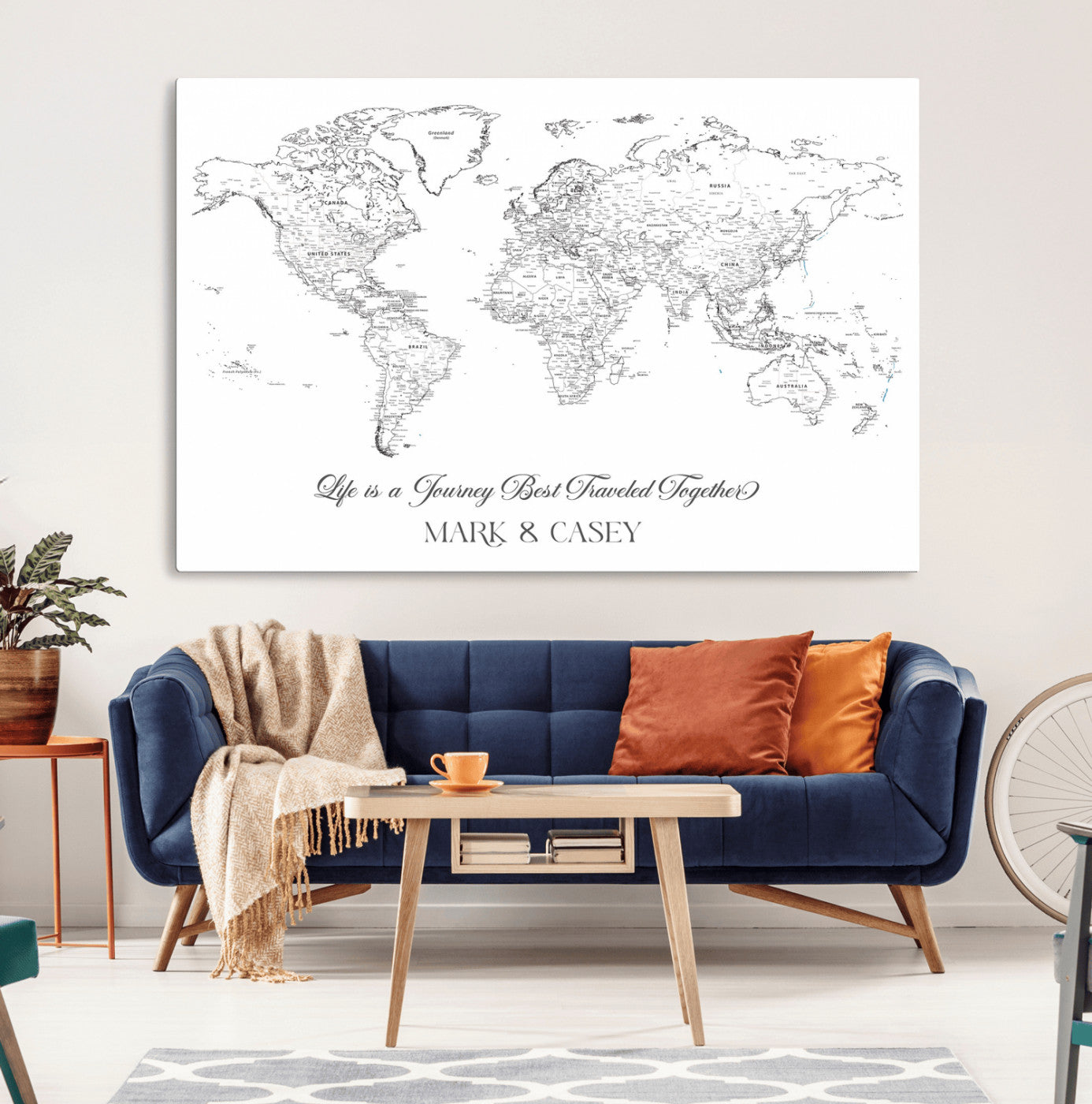 43438578-MGV-CV-36X24-Personalized World Map Wall Art – Black and White Minimal Travel Map with Custom Names, Elegant Wall Decor for Couples, Wedding or