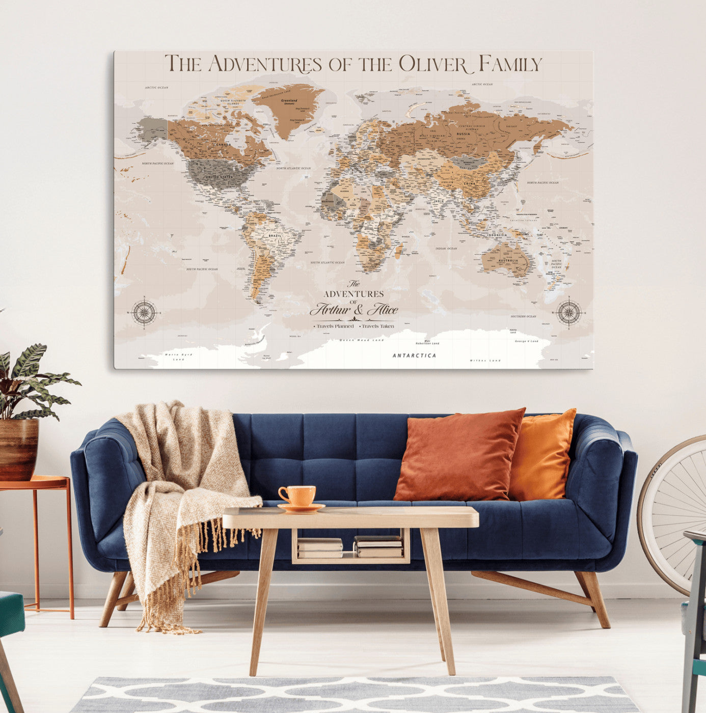 34289723-MGV-CV-36X24-Personalized World Map Wall Art – Elegant Beige and Brown Adventure Map Canvas Print for Family Home, Living Room, Study or Office