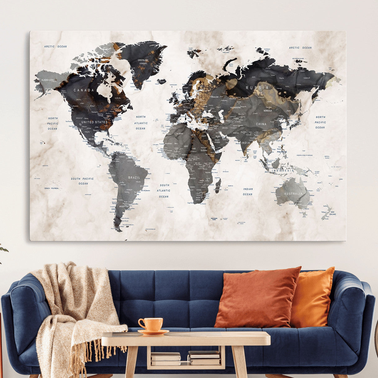 MGV-CV-36X24 - World Map Wall Art Canvas Print, Framed Rustic Map Art Picture Print, Antique Map Perfect Rustic Explorer Decor Artwork