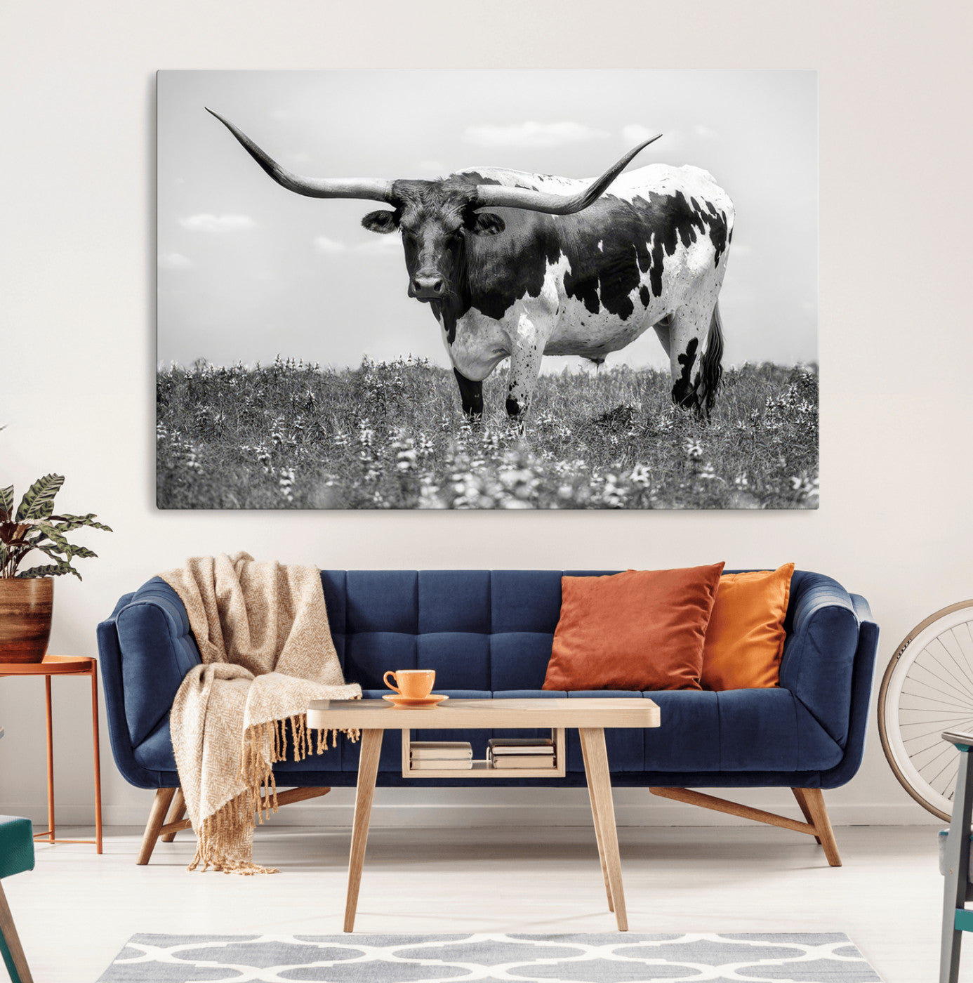 83785-MGV-CV-36X24-Texas Longhorn Wall Art Canvas Print, Framed Horned Bull Art Picture Print, Monochrome Cattle Perfect Rustic Western Decor Artwork