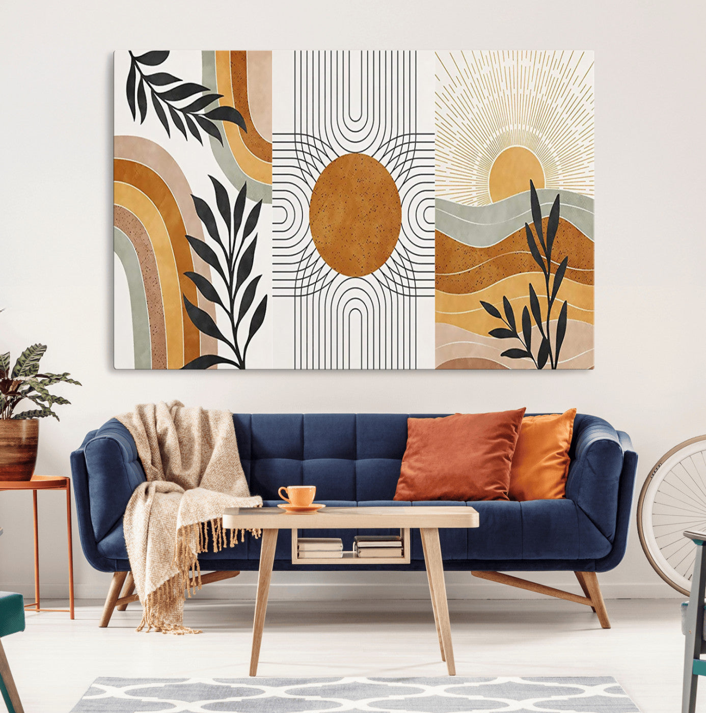 32359-MGV-CV-36X24-Modern Sun Wall Art Canvas Print, Framed Retro Horizon Art Picture Print, Sunburst Design Perfect Mid Century Boho Decor Artwork