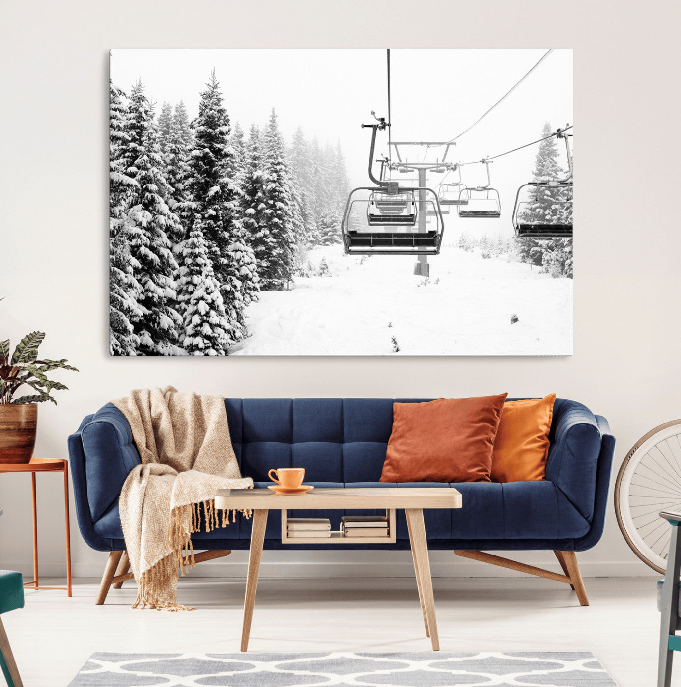 49274-MGV-CV-36X24-Snowy Forest Wall Art Canvas Print, Framed Ski Lift Art Picture Print, Mountain Snow Perfect Minimal Winter Lodge Decor Artwork