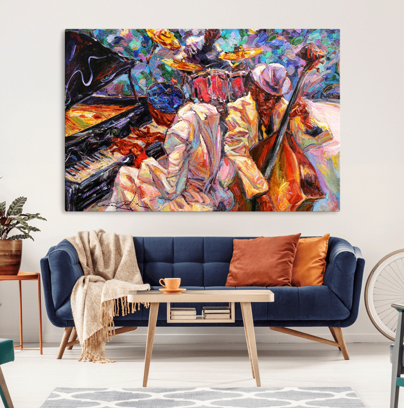 13675-MGV-CV-36X24-Jazz Band Wall Art Canvas Print, Framed Jazz Oil Painting Art Picture Print, Vibrant Music Perfect Abstract Musical Decor Artwork