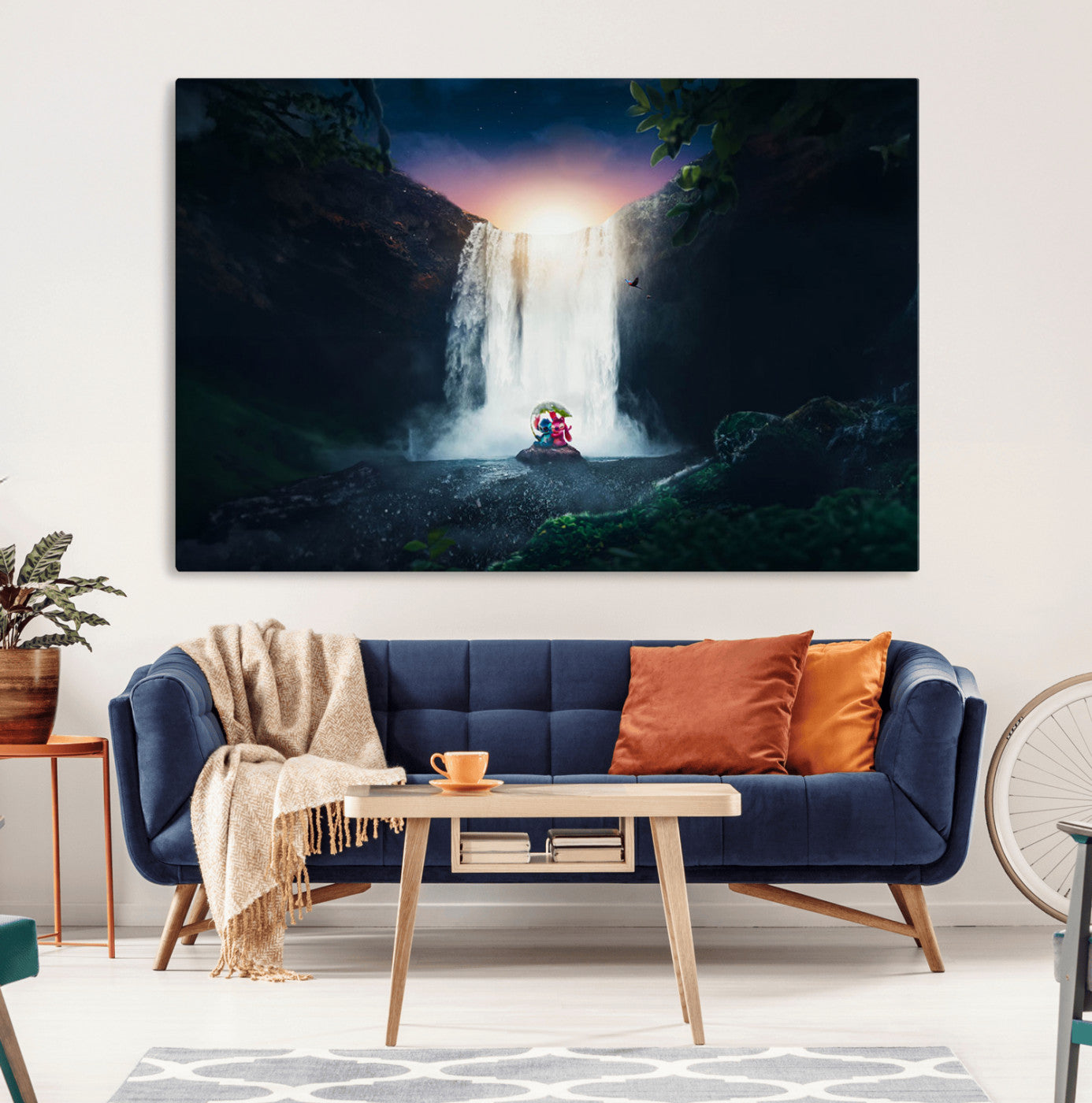 56359-MGV-CV-36X24-Lilo Stitch Wall Art Canvas Print, Framed Stitch Angel Art Picture Print, Cartoon Waterfall Perfect Tropical Fantasy Decor Artwork